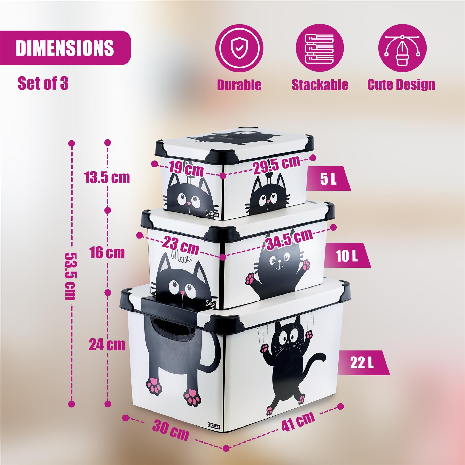Cat Themed Storage Boxes with Lids - Set of 3