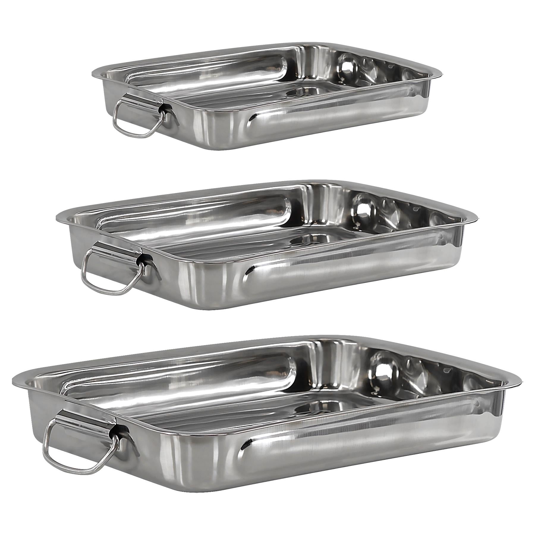 "Three stainless steel roasting trays, set in pack, suitable for commercial use." (themagictoyshop)