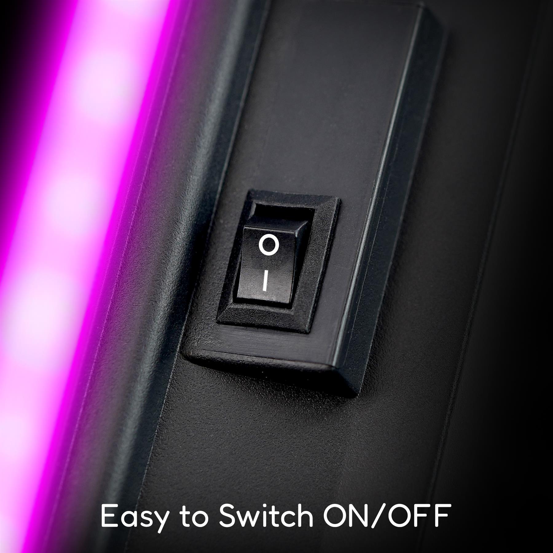 Close-up image of a black ON/OFF switch with a neon pink light in the background, labeled "Easy to Switch ON/OFF," featuring sleek design suitable for modern home decor. GEEZY Black Floating Shelves with LED Neon Lights, themagictoyshop.