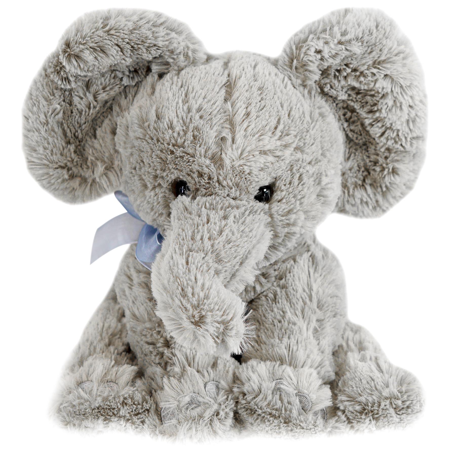 A fluffy, light grey elephant plush toy featuring large ears and a tied blue ribbon.