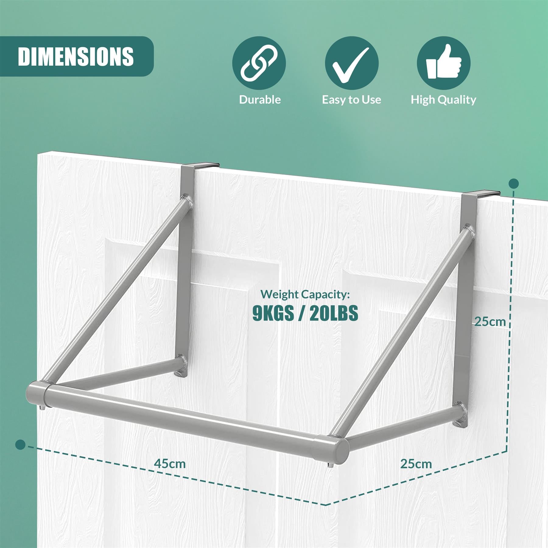 "Gray metal over-the-door hanger bar. Mounting hardware included." - The Magic Toy Shop