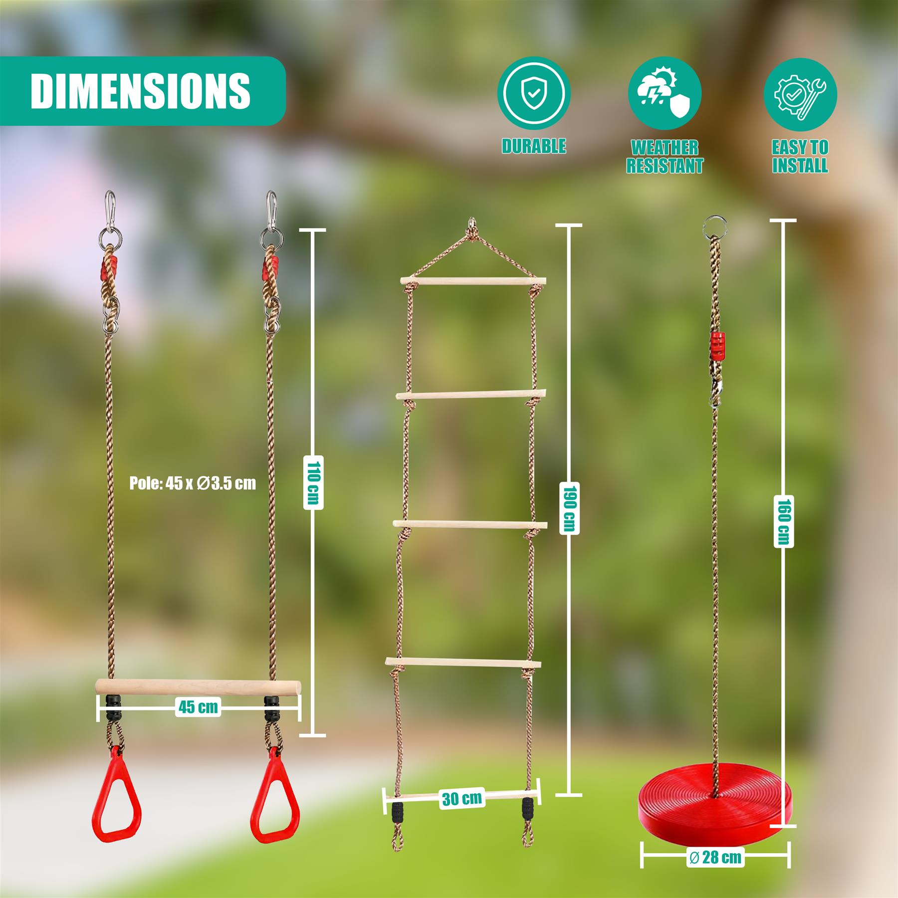 Image showing three hanging structures: a swing, a multi-rung ladder, and a trapeze bar set.