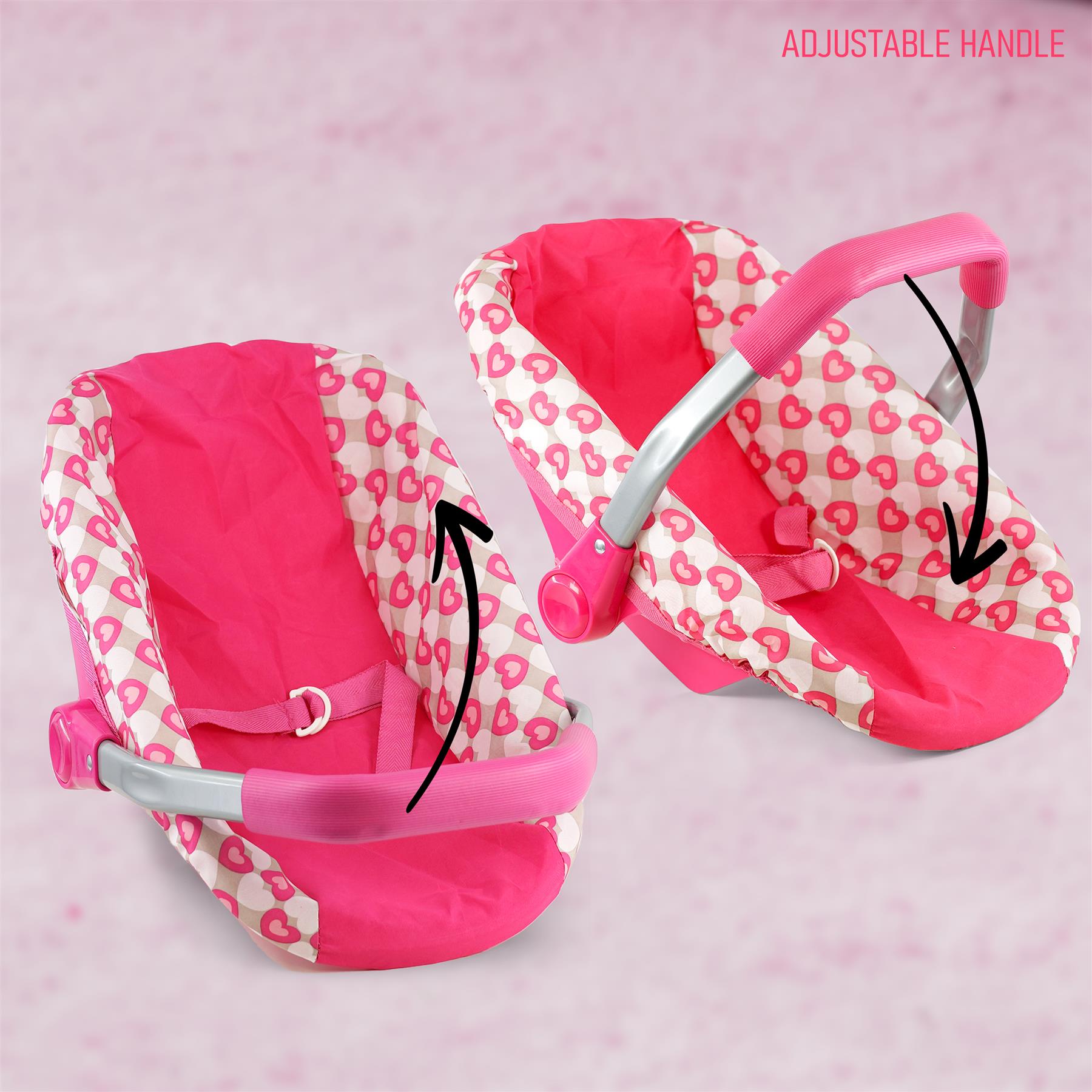 The image displays two pink baby car seats with a heart pattern and adjustable handles.