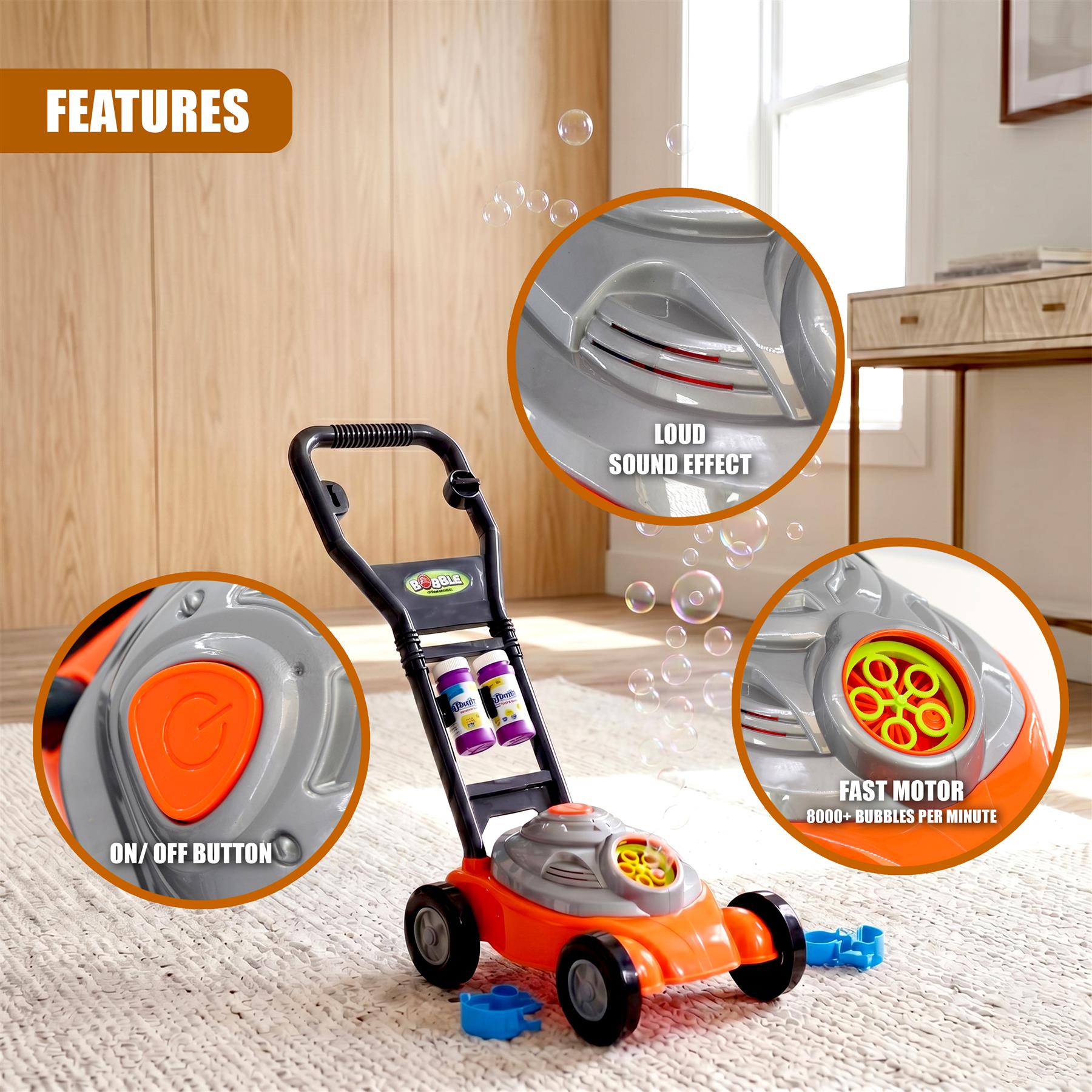 An orange toy bubble mower featuring an on/off button and multi-color bubble launcher.