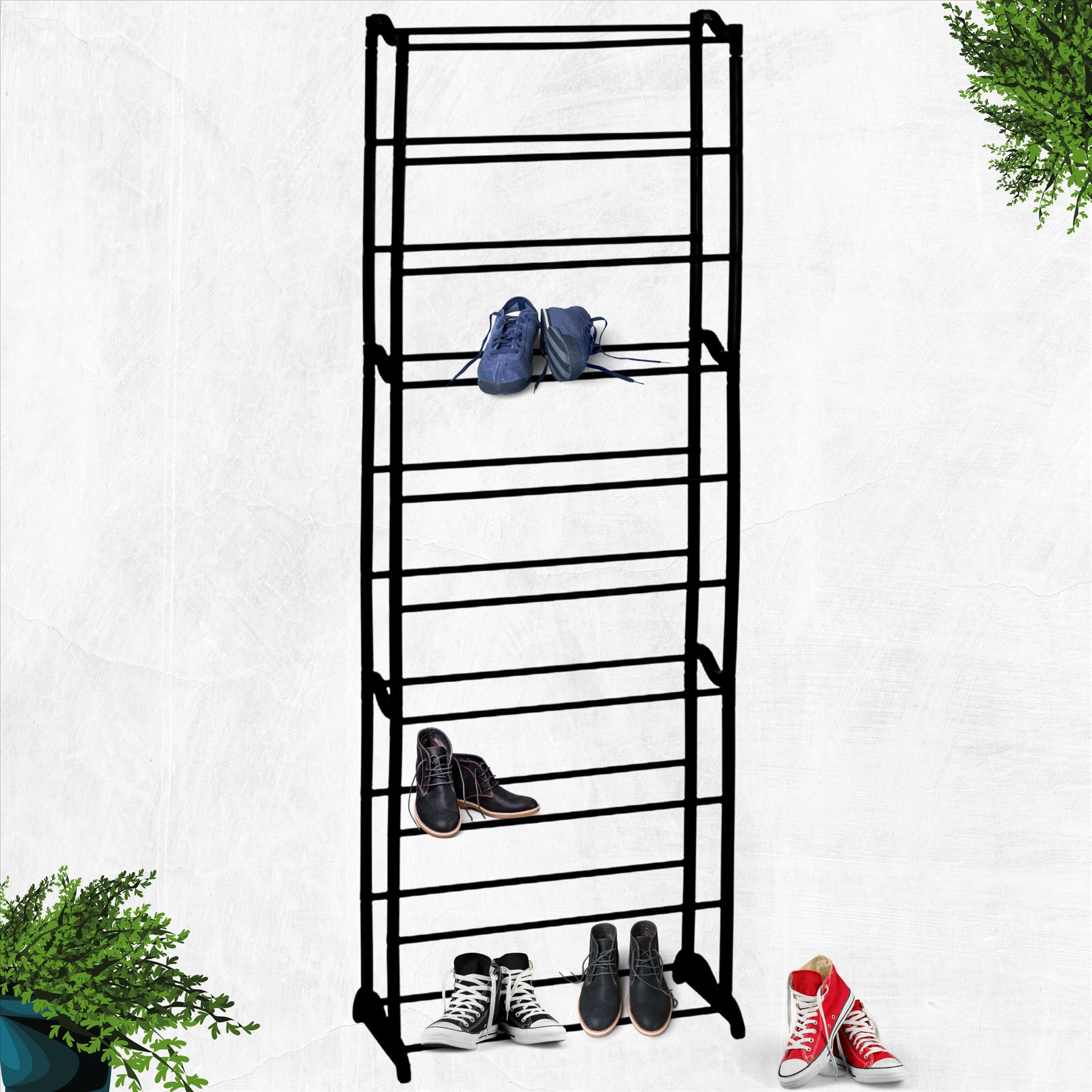 Geezy 10-tier shoe rack with a collection of shoes on it.