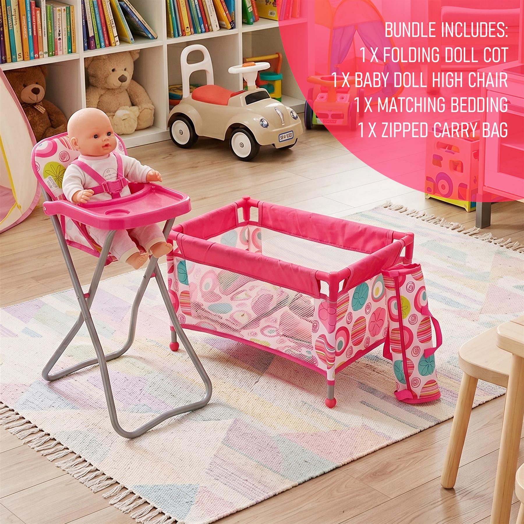Pink high chair and patterned baby cot with attached carry bag displayed on a rug.