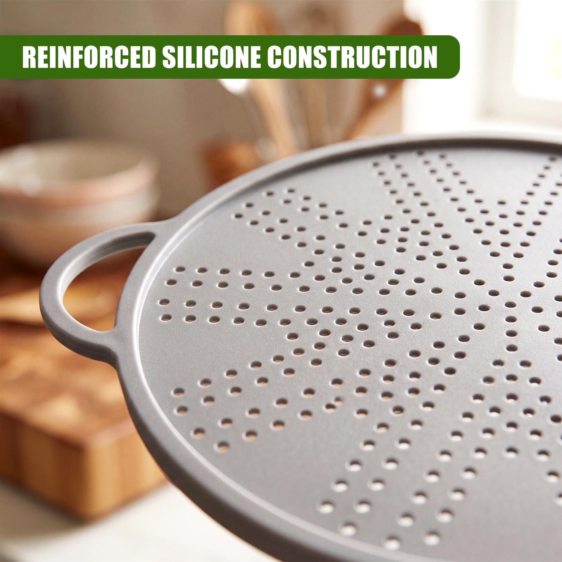 Close-up view of a round, perforated strainer with attached handles and bowl setting.