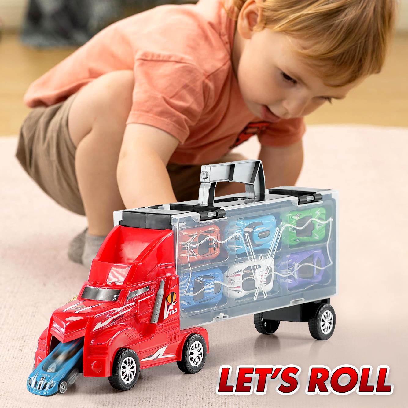 "The Magic Toy Shop Kids Toy Truck with 6 mini cars in a carrier, a colorful toy set for imaginative play."