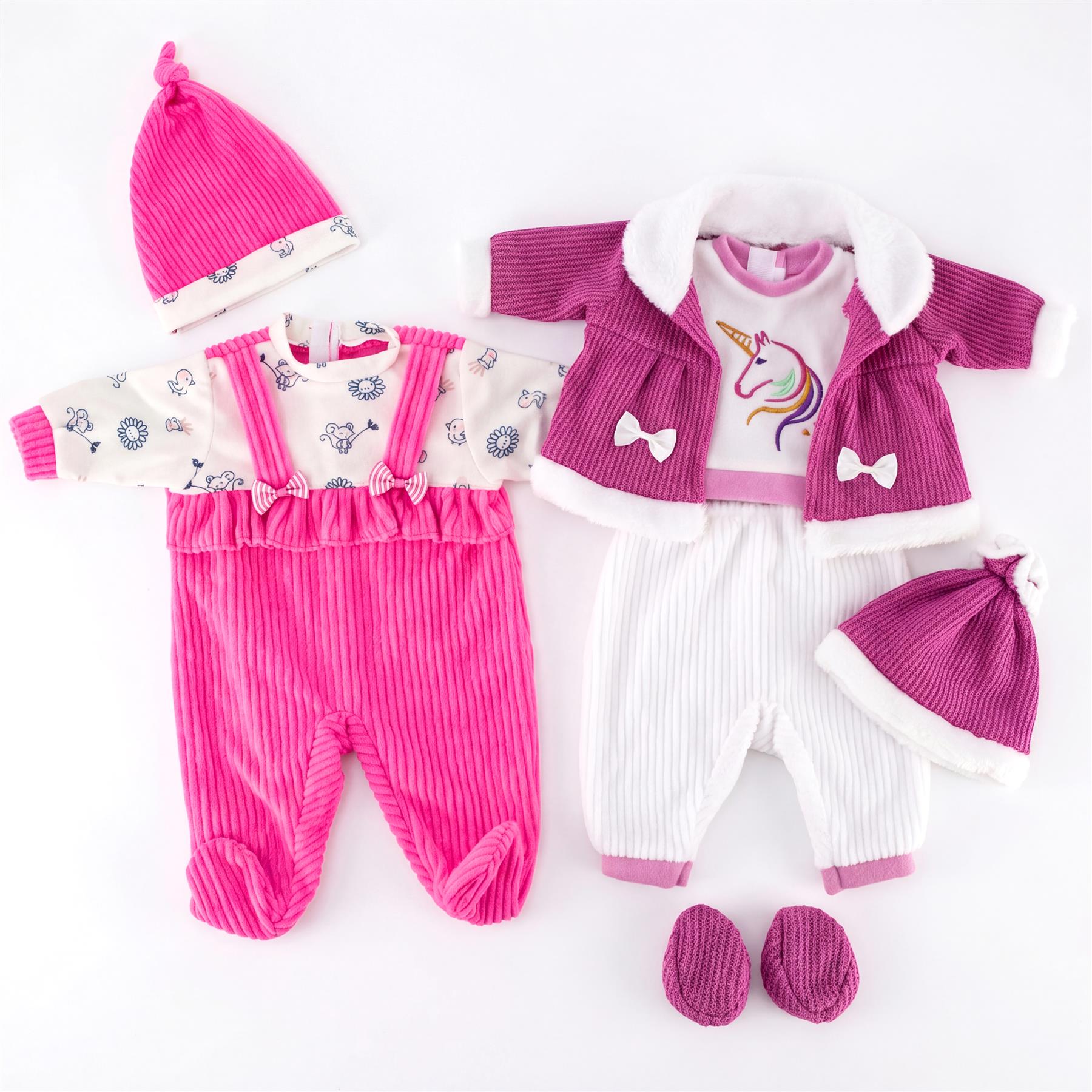 Two sets of doll clothes featuring hot pink and purple outfits, unicorn prints, and matching hats.