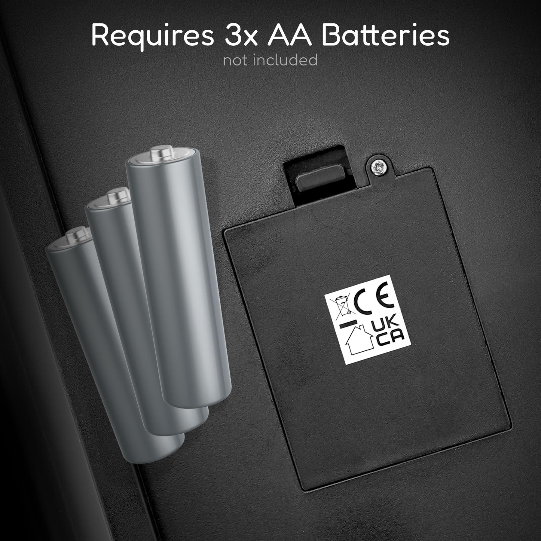 Image showing the battery compartment of the GEEZY Black Floating Shelves, highlighting the requirement for 3 AA batteries (not included) alongside three gray batteries. The compartment is designed for easy access, with safety certification labels visible. Ideal for stylish home decor with LED lighting options. themagictoyshop