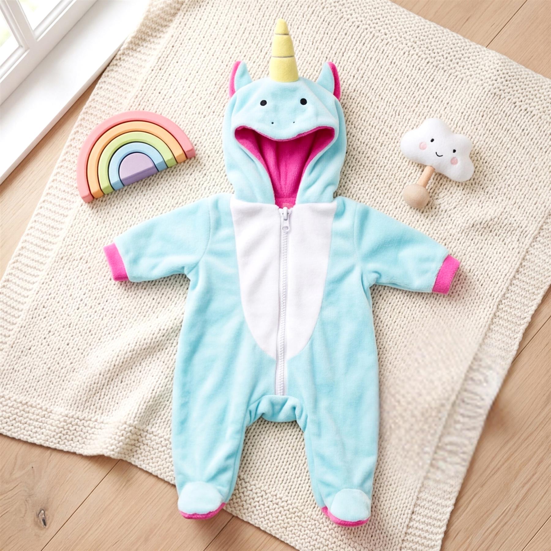 Blue unicorn doll outfit with hood and zipper, displayed on a textured white blanket.