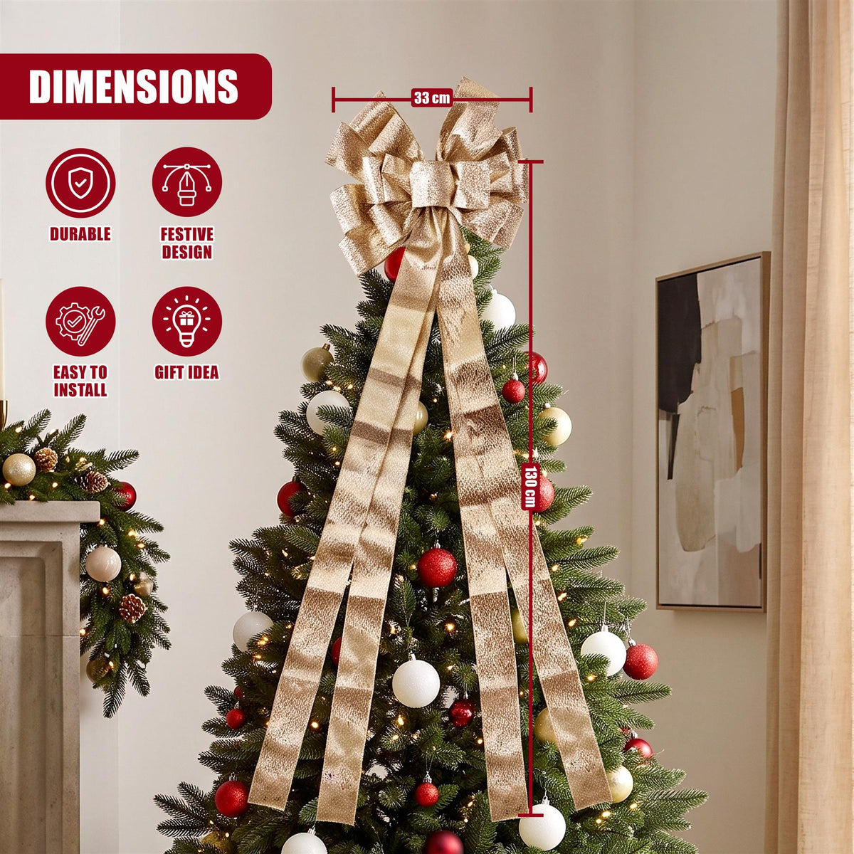 Gold Christmas tree bow topper, 130cm, with trailing ribbons and a festive design