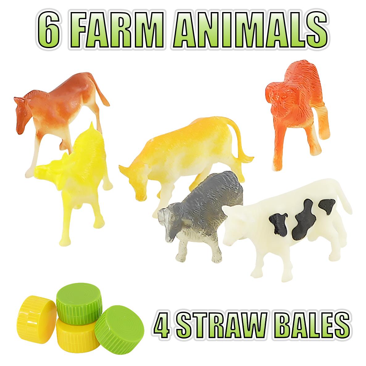 A set of six farm animals, including a cow, horse, sheep, and three others, made of plastic and colored in various shades of brown, yellow, and white. The animals are posed in different positions, with some facing each other and others looking away. The set is accompanied by four straw bales, which are small and made of plastic, with different colors and shapes. The animals and bales are arranged on a white background. - The Magic Toy Shop