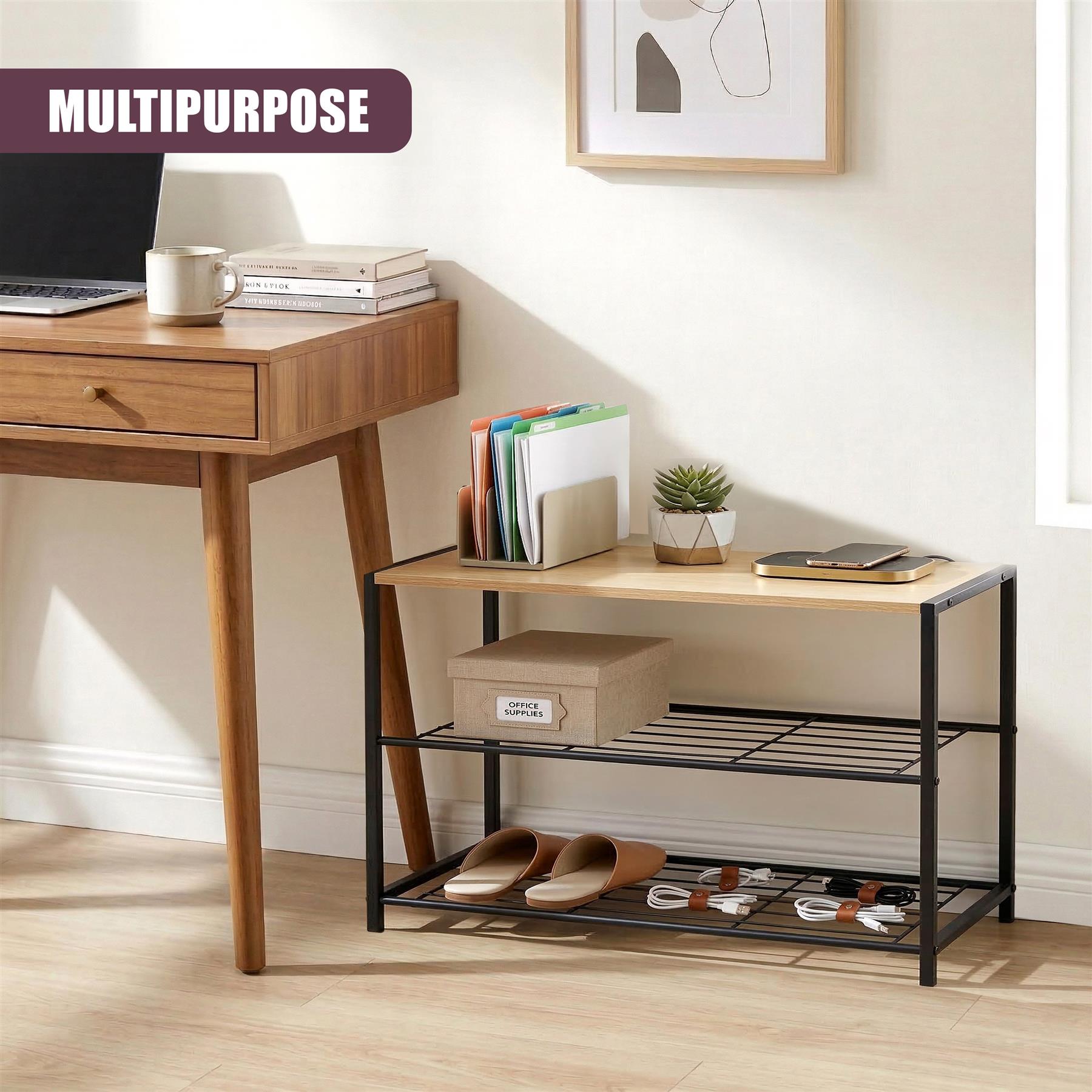 Black metal shoe rack with two horizontal tiers, used for storing multiple pairs of footwear.
