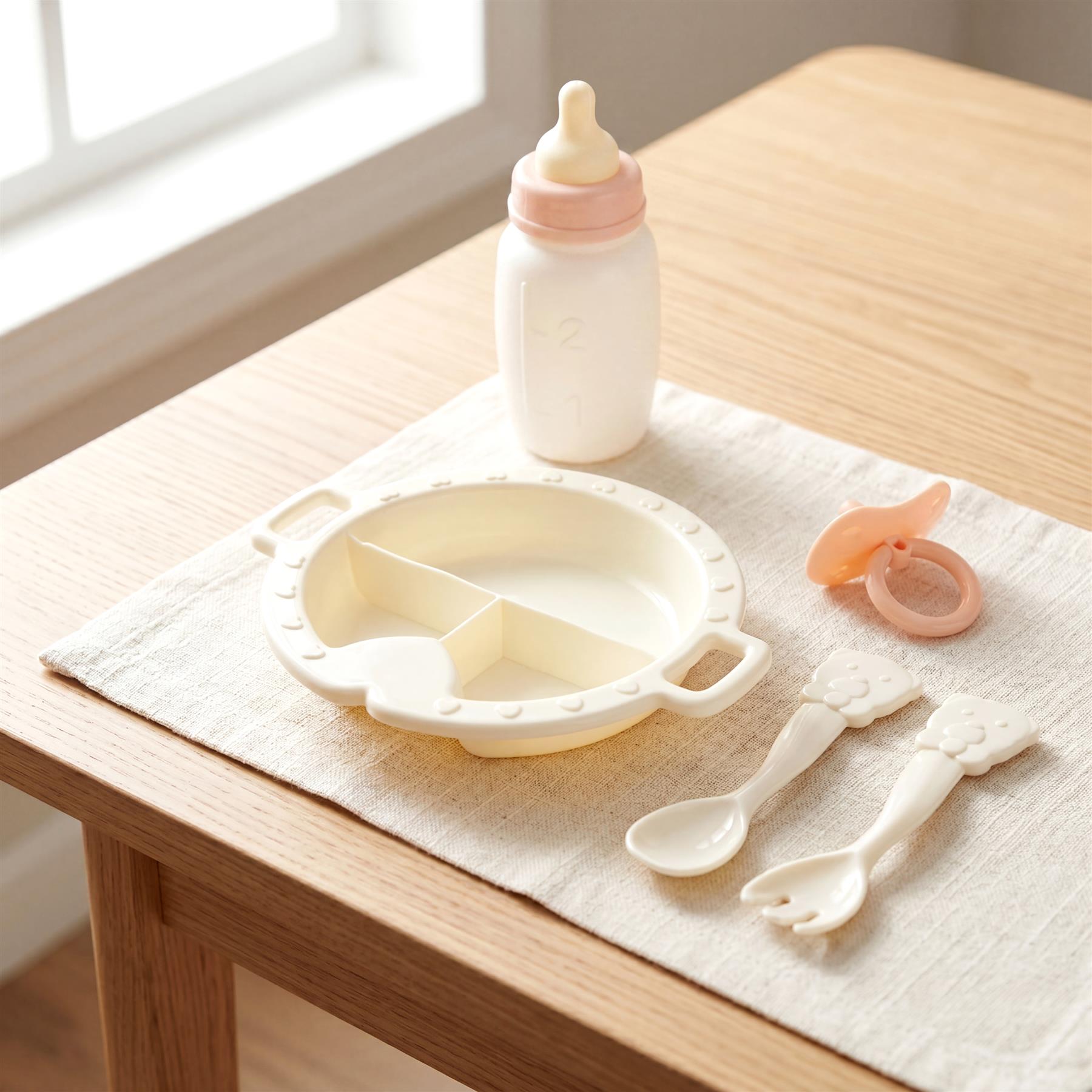 Baby accessories include a bottle, divided play plate, two spoons, and orange silicone piece.