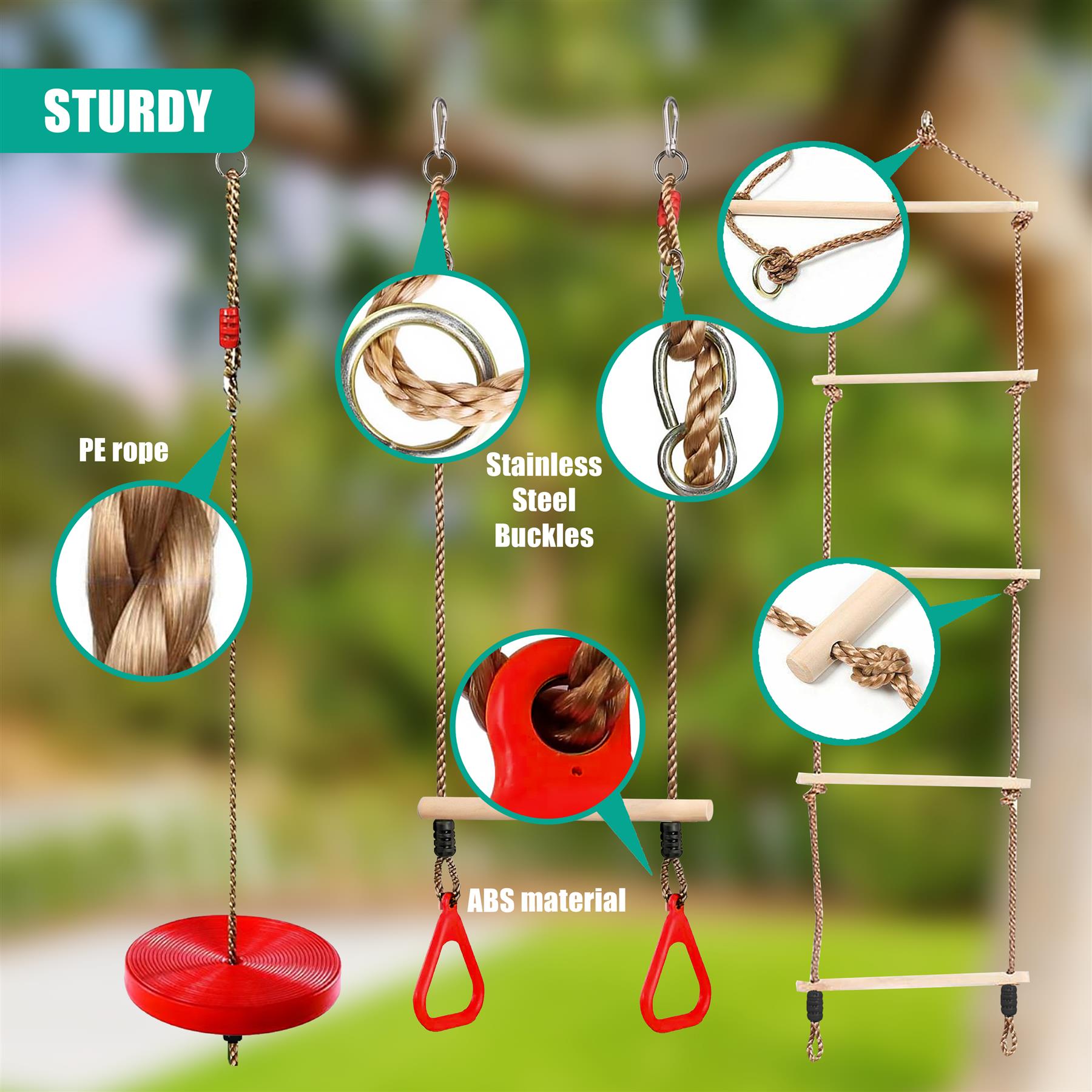 Outdoor play set featuring a swinging seat, metal hook station, and a multi-tiered wooden ladder apparatus.