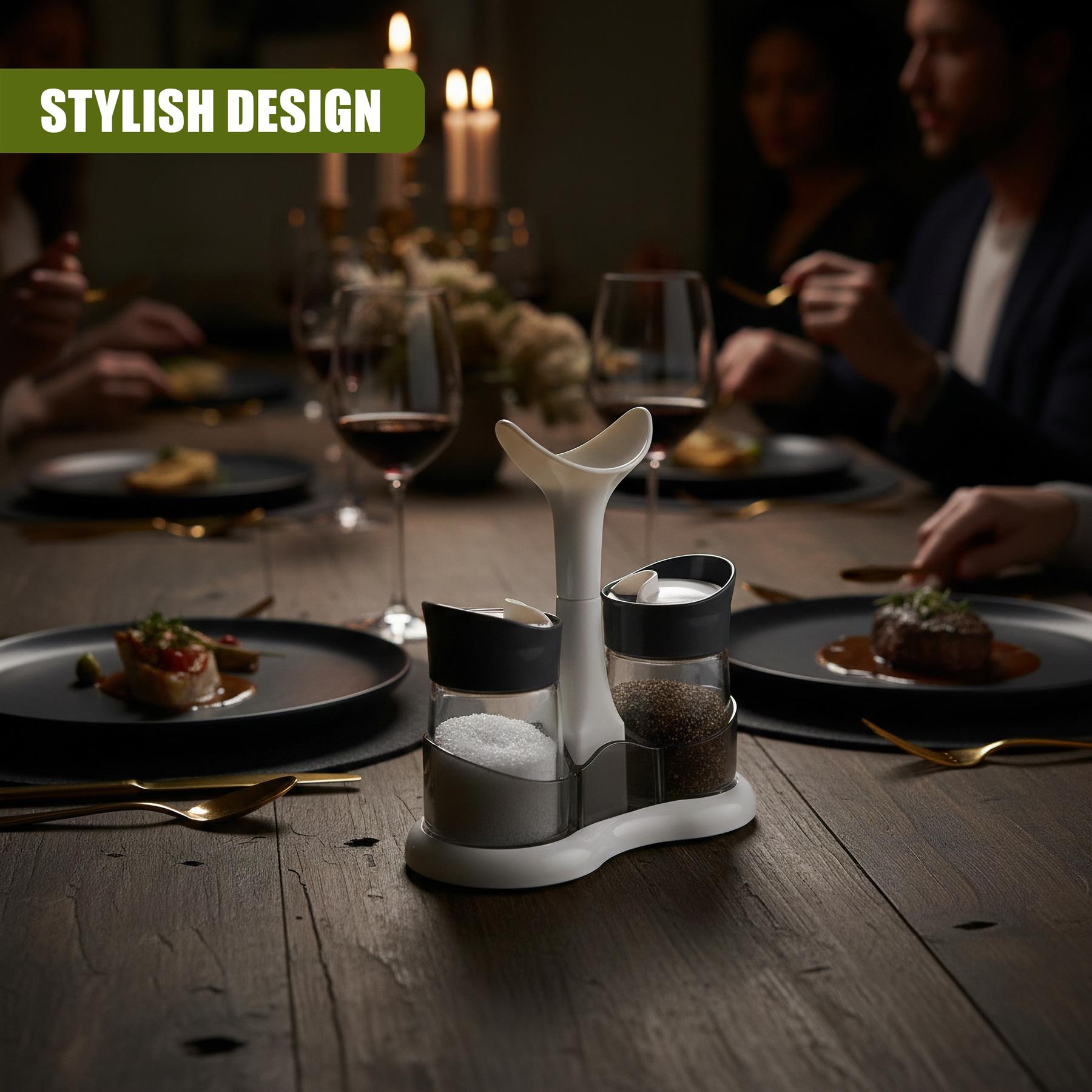 Modern three-component cruet set, designed for salt and pepper, placed on a dark wood surface.