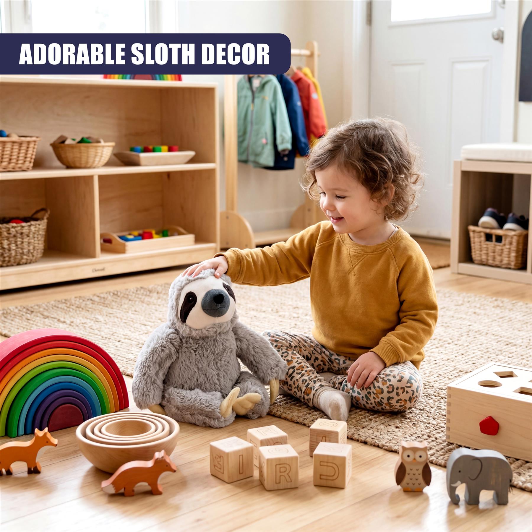 Soft stuffed sloth toy placed near alphabet blocks and colorful rainbow decor for play.