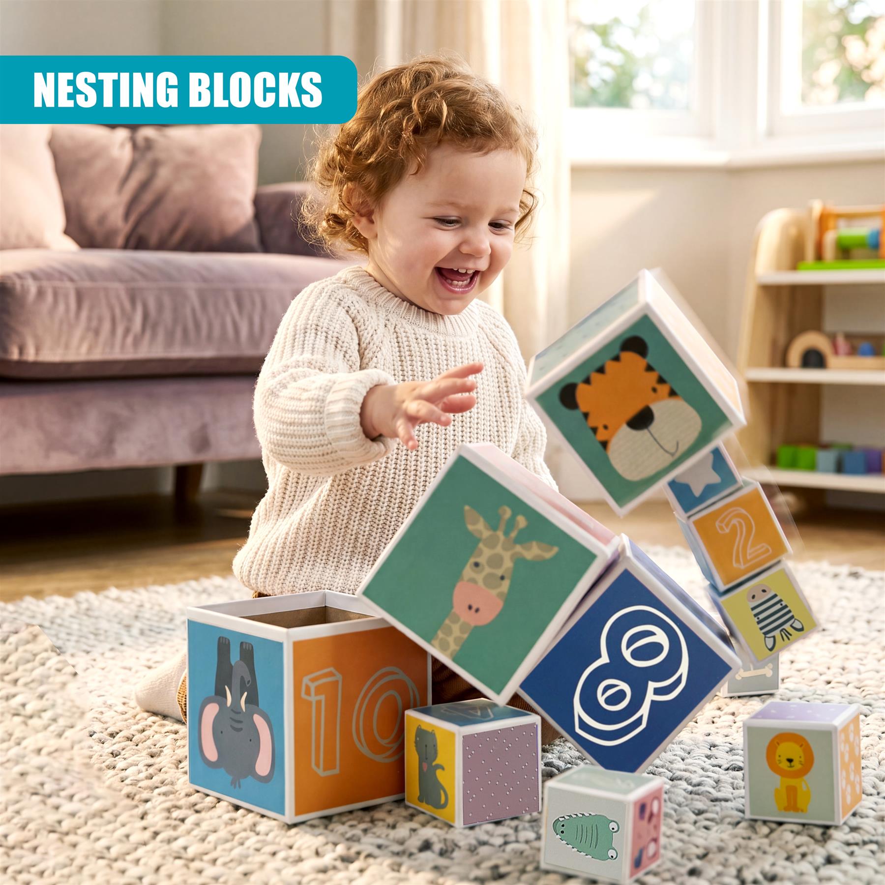 Child playing with colorful wooden nesting cubes featuring animals and numbers.