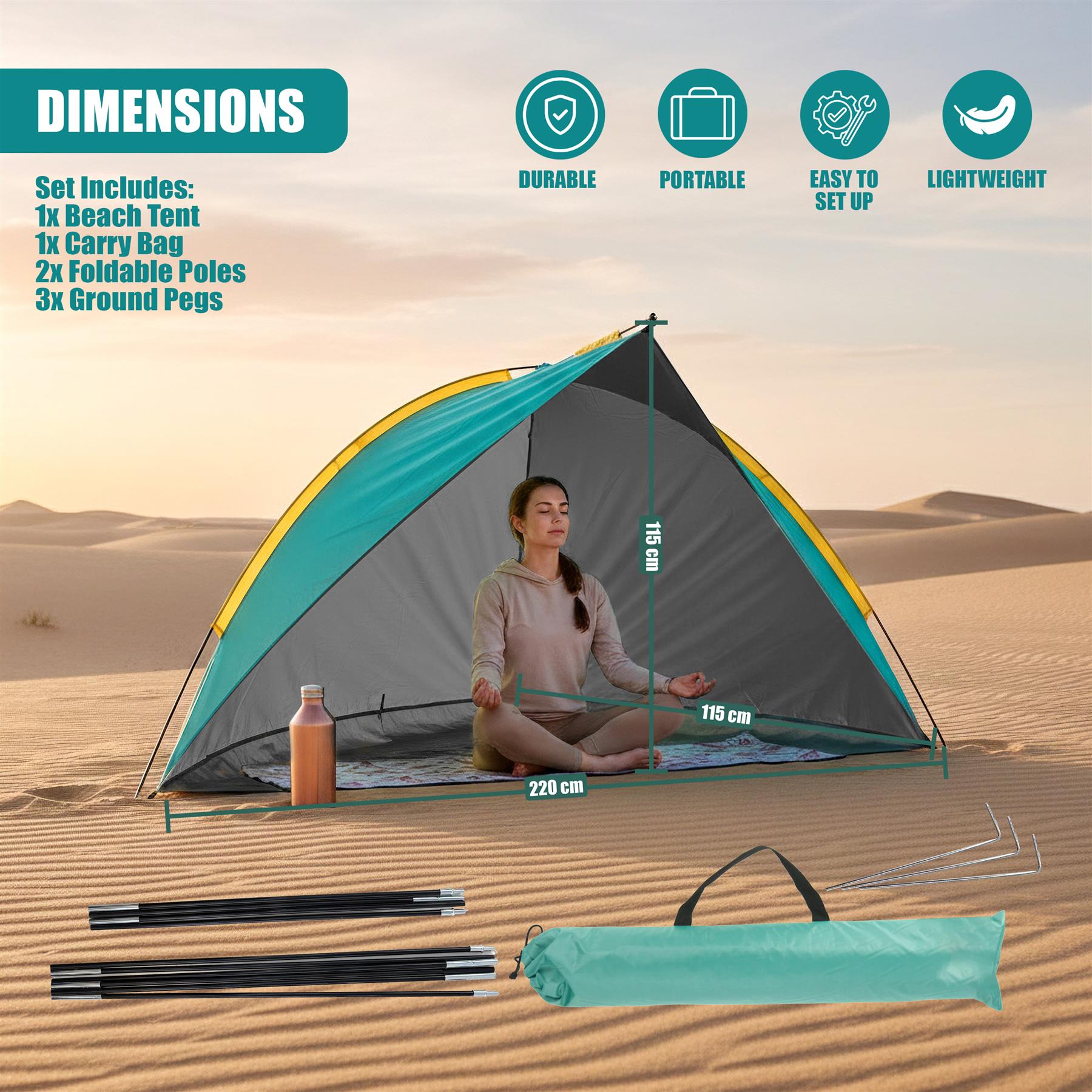 Beach tent featuring blue and gray fabric, poles, and a carrying bag pitched on a sandy beach.