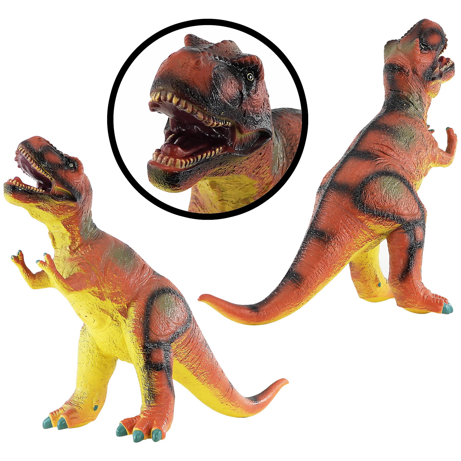 Soft foam dinosaur toys showing yellow, brown, and reddish-brown T-Rex poses in multiple views.