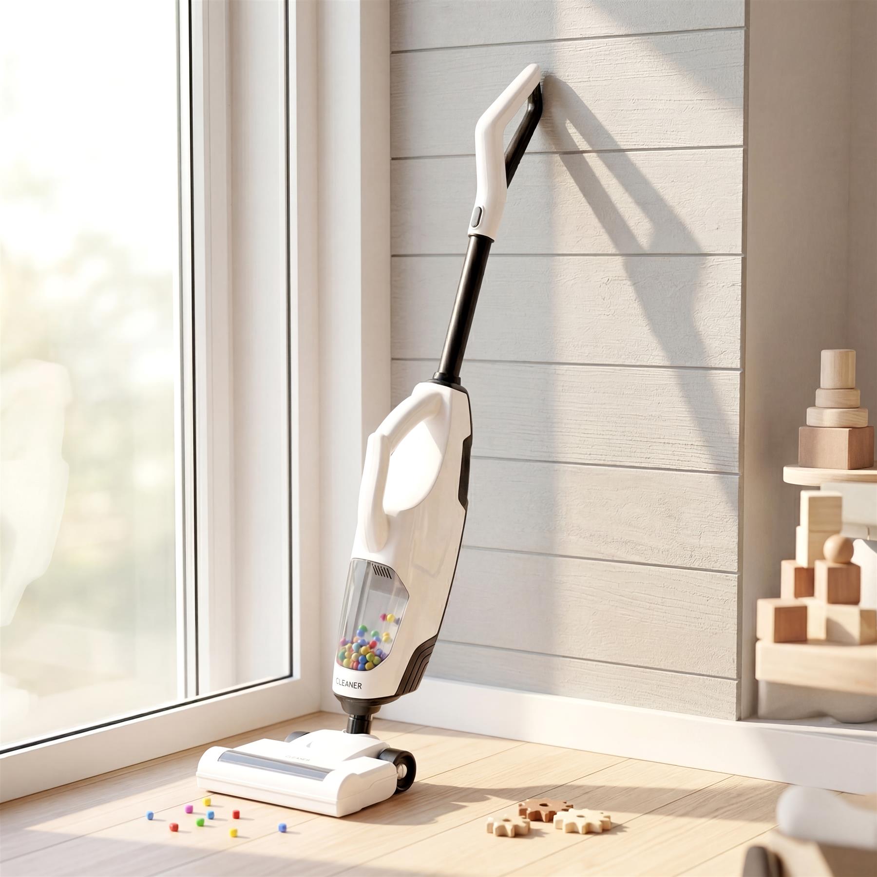Cordless vacuum cleaner rests on a wooden floor near scattered small toys and wooden blocks.