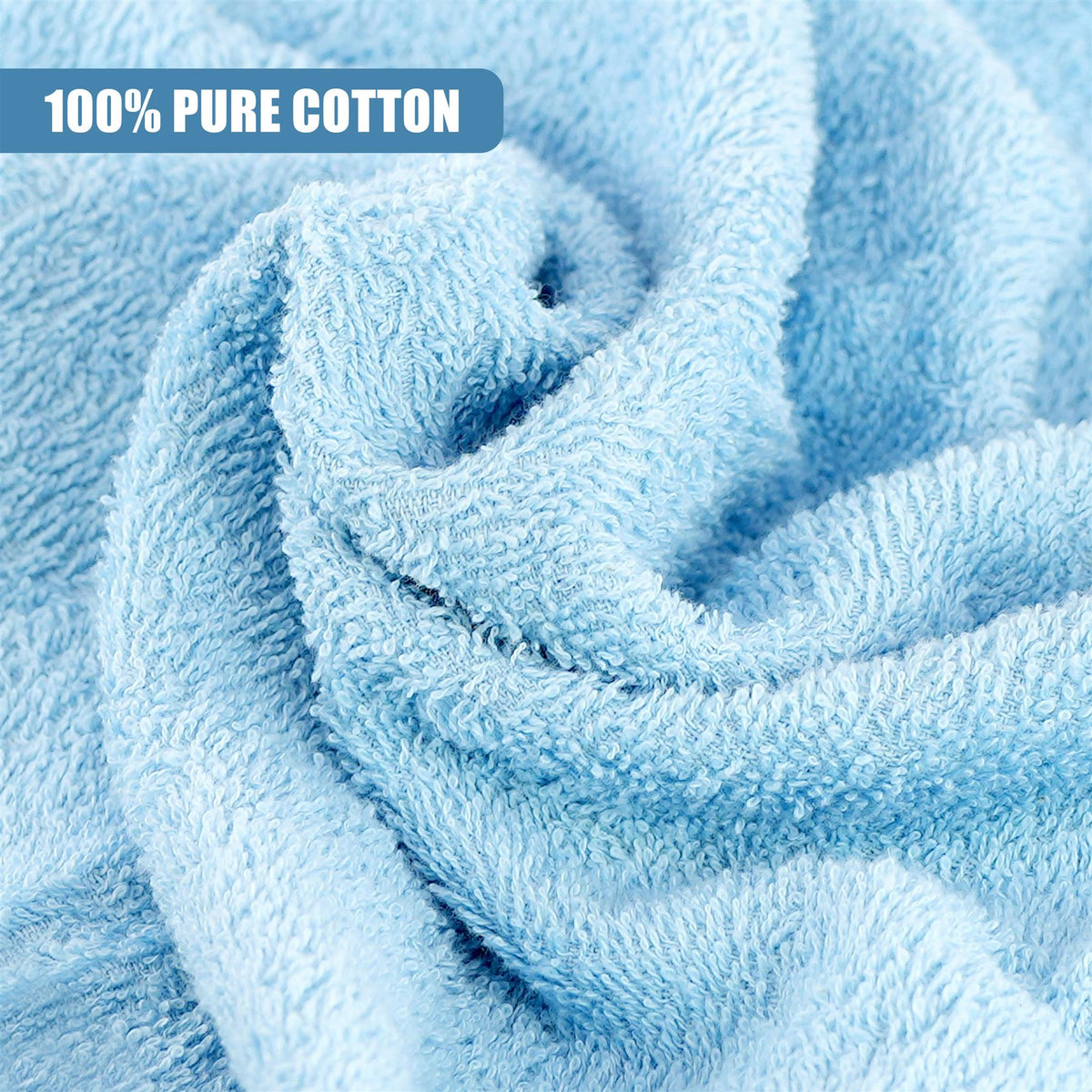 A fluffy, pale blue GEEZY hooded baby bath towel set of two is shown