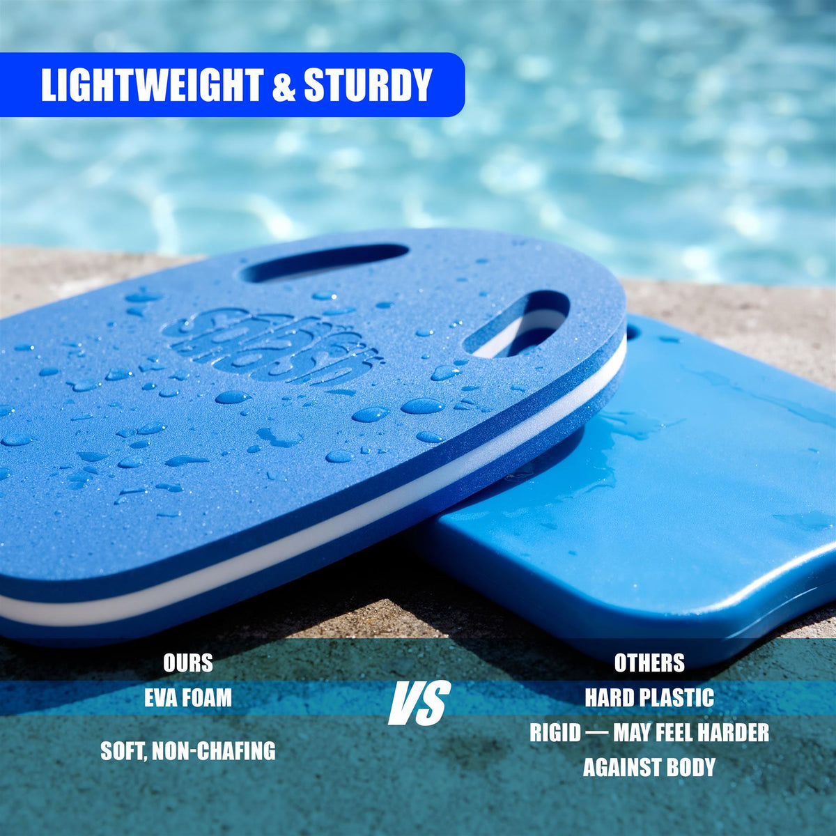 Blue GEEZY EVA foam kickboard floats, shown alongside a similar hard plastic kickboard, highlighting its soft, non-chafe