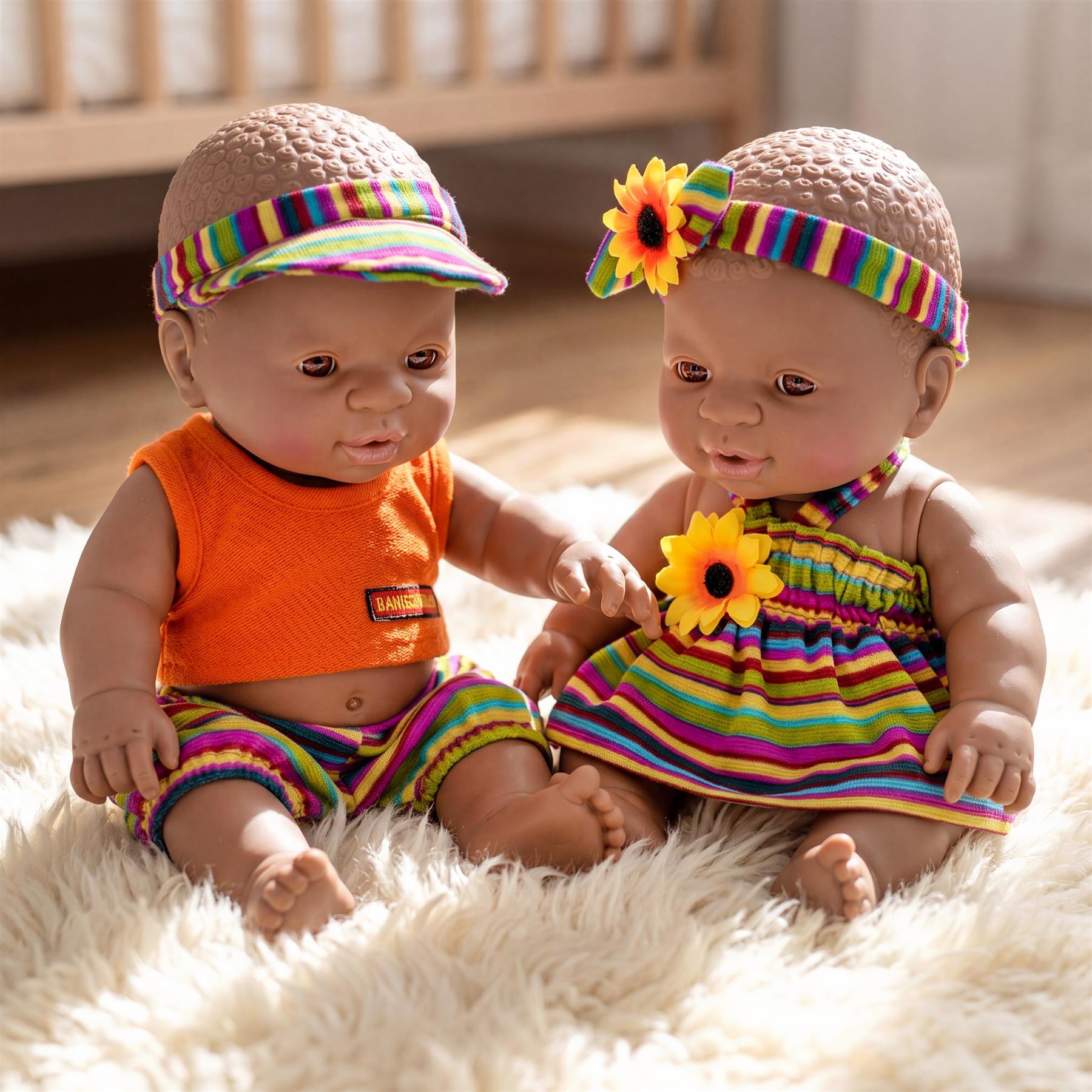Photo of two identical black dolls standing together. Each doll measures twelve inches in height.