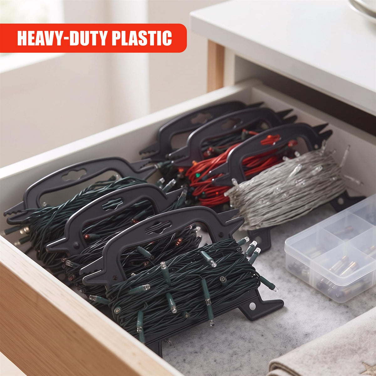 GEEZY Christmas Light Reel Storage holds fairy lights and cables in a grey plastic holder