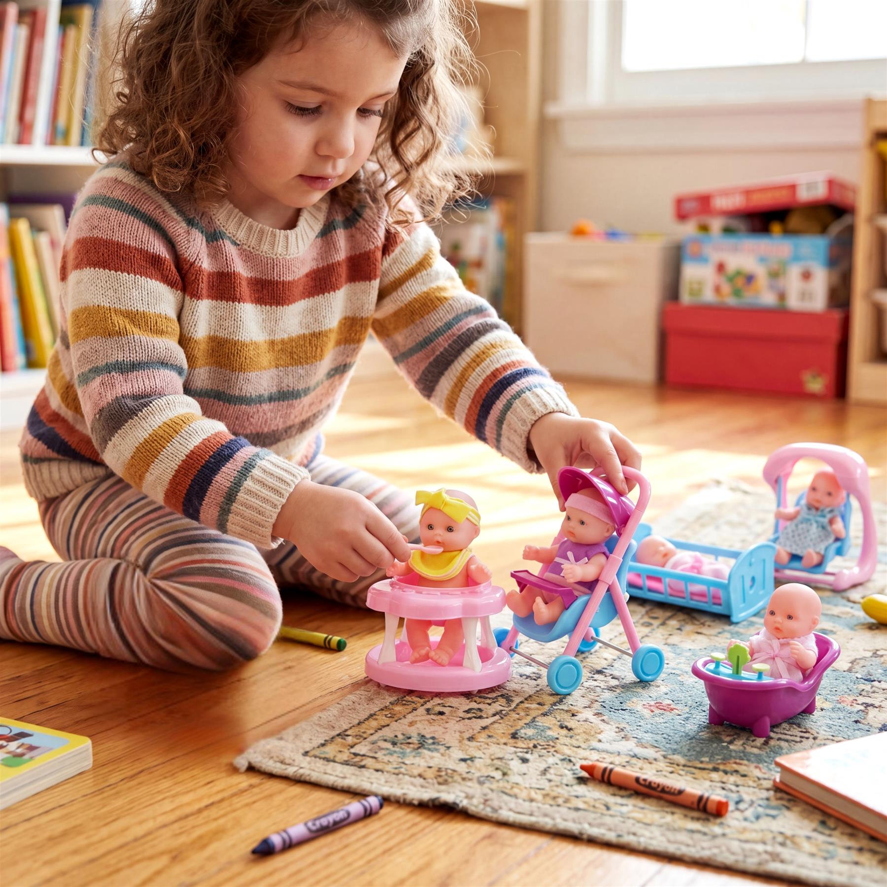 Young child interacting with a set of mini baby dolls, strollers, and accessories on the floor mat.