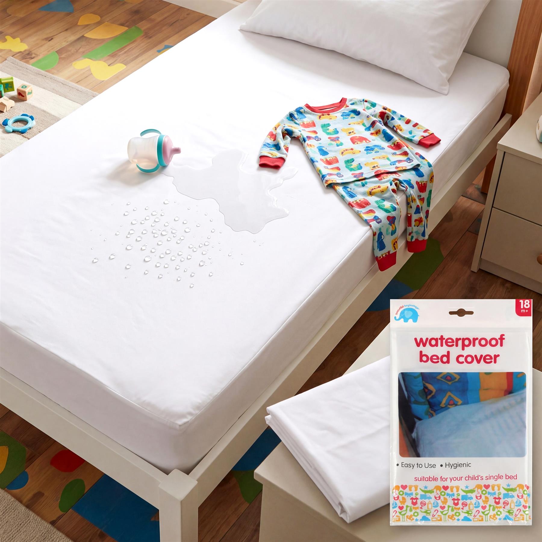 White waterproof bed cover displayed on a single bed with colorful patterned child's pajamas.
