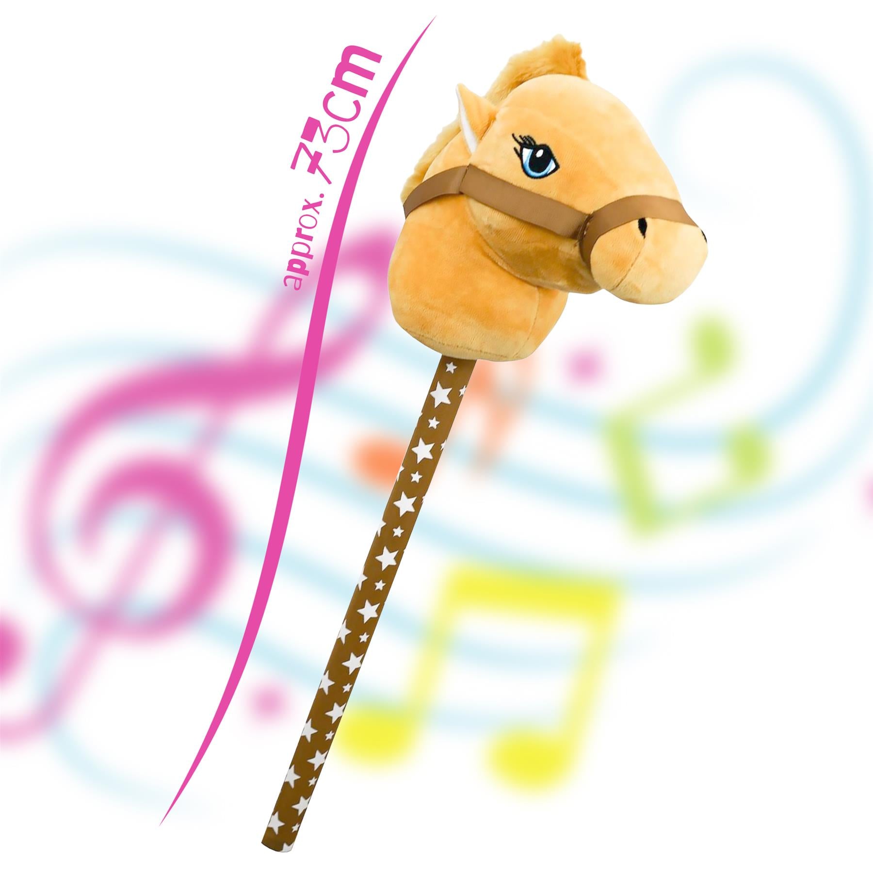 A plush brown hobby horse with a soft horse head and brown stick decorated with white stars, approximately 73 cm tall, against a colorful musical notes background. Designed for imaginative play and fun. themagictoyshop.