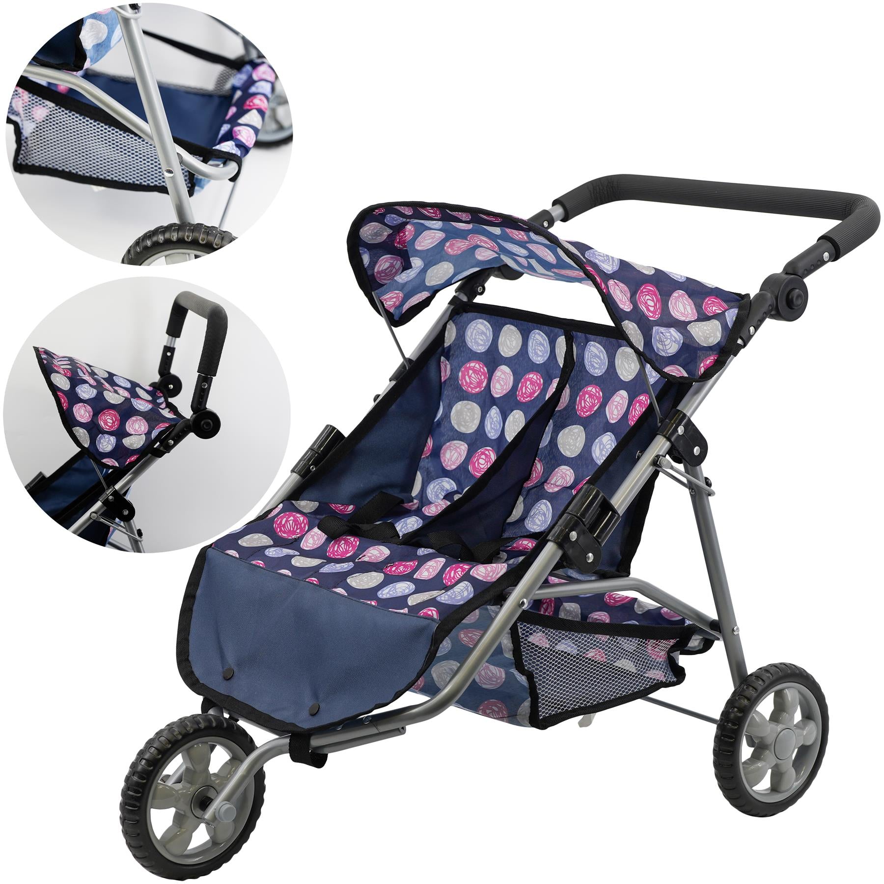 A blue patterned twin doll's pushchair with two connected seats and black frame.