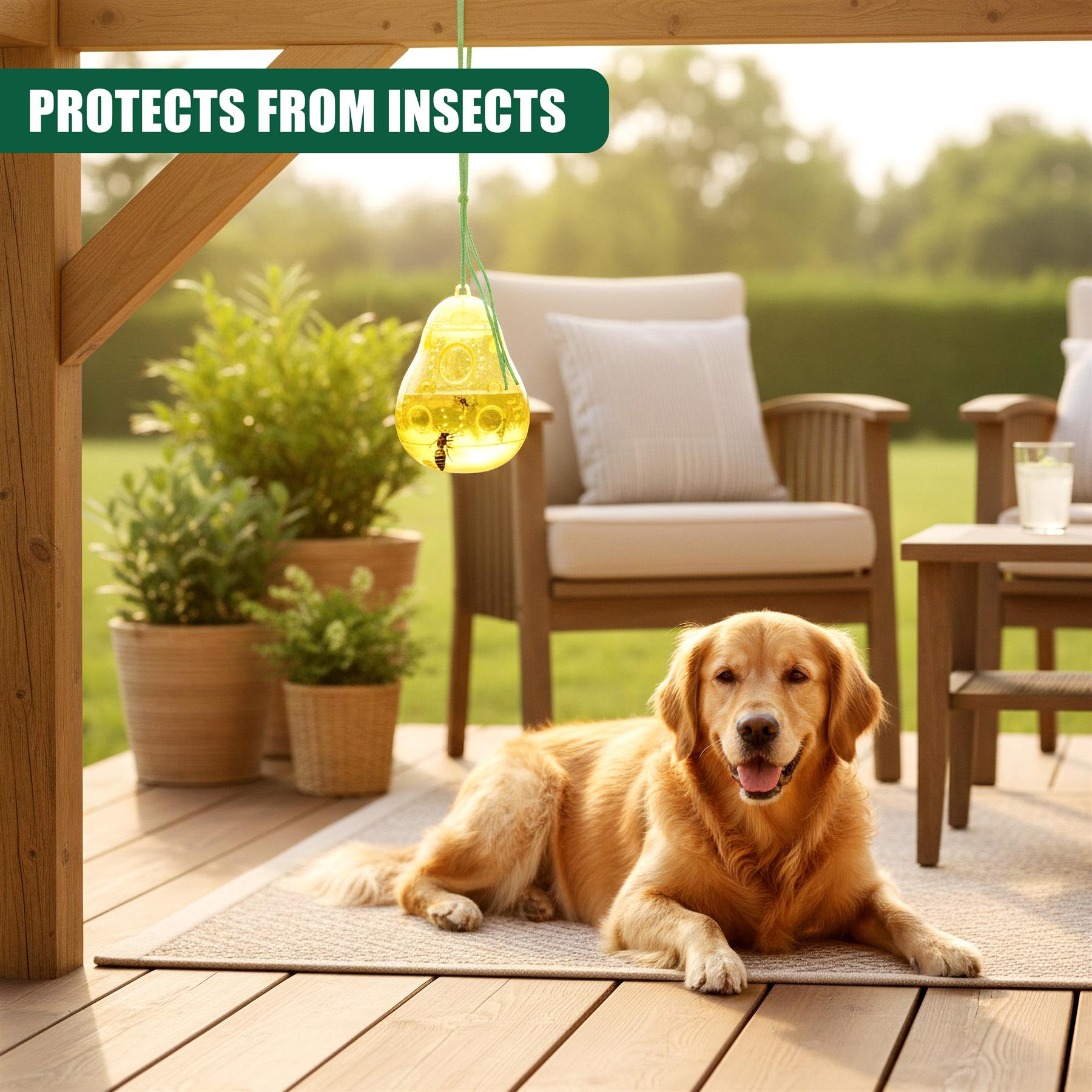 Yellow, globe-shaped wasp traps hang among plants on a wooden patio surface, with a golden retriever dog resting nearby.