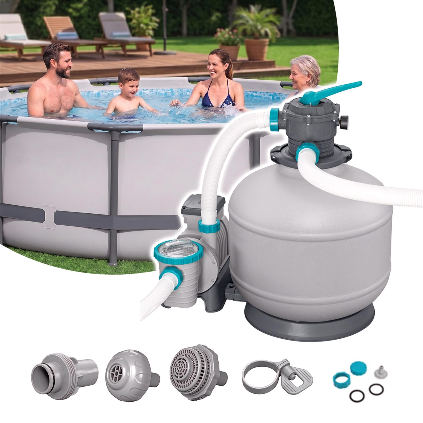 Filtration system includes a pump, large gray tank, hoses, fittings, and accessory replacement parts.