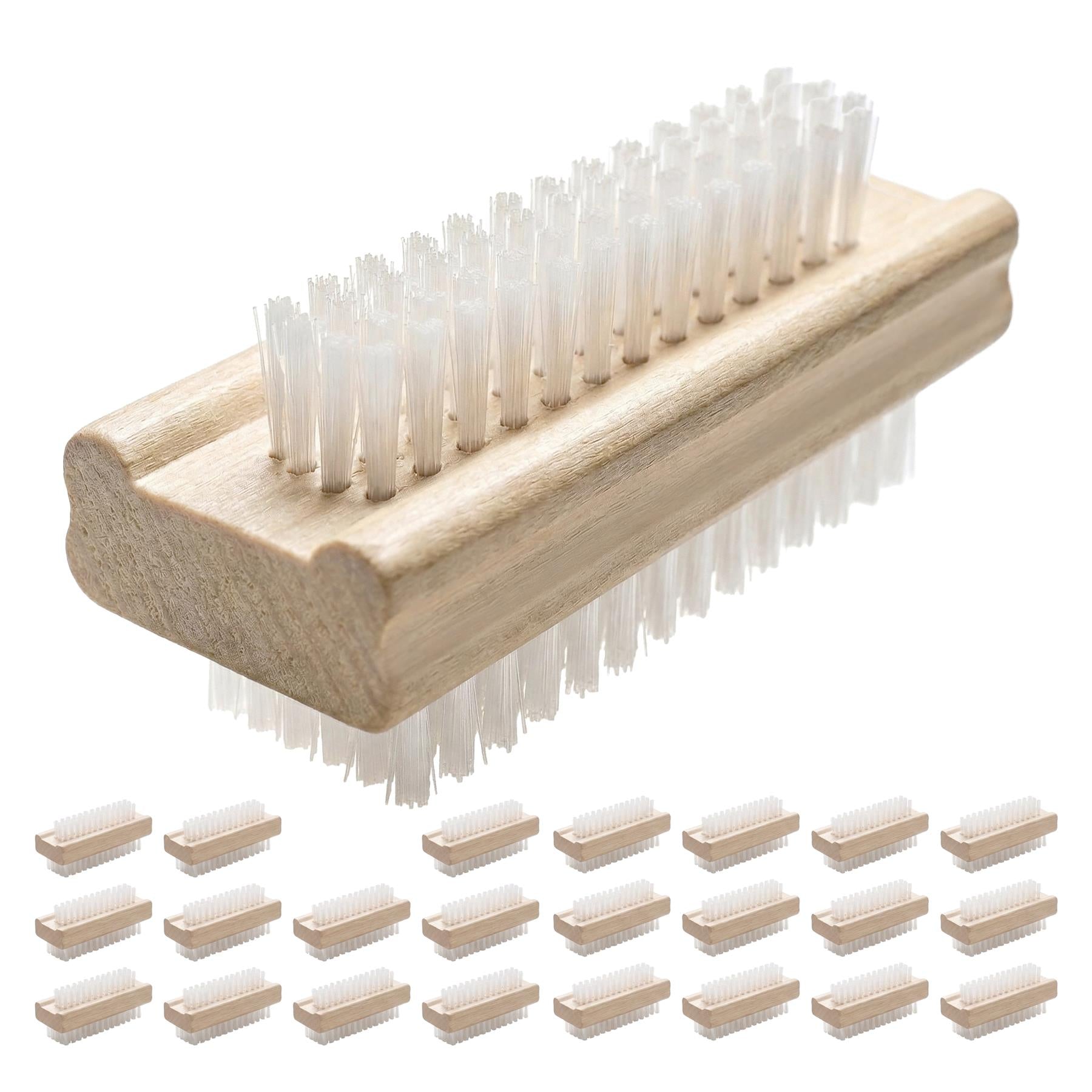 Wooden nail scrubbing brush featuring white bristles and multiple individual detachable scrubbing pieces.