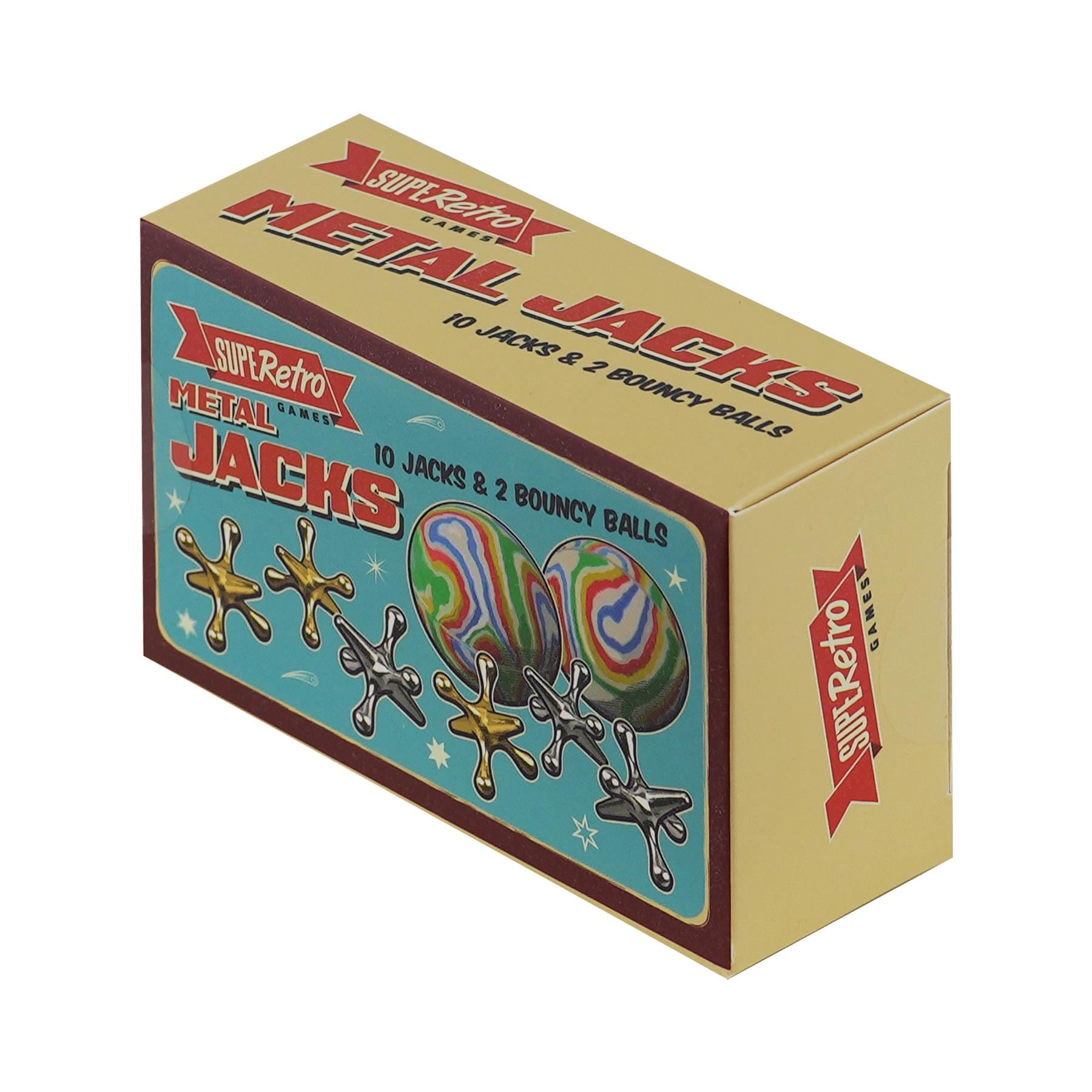 A set of classic metal jack knives in a dark background. This is a game for two to four players, where each player throws a jack with the objective of landing it on top of another jack. The game is played with strategy and agility, making it an entertaining activity for children and adults alike. TheMagicToyShop.