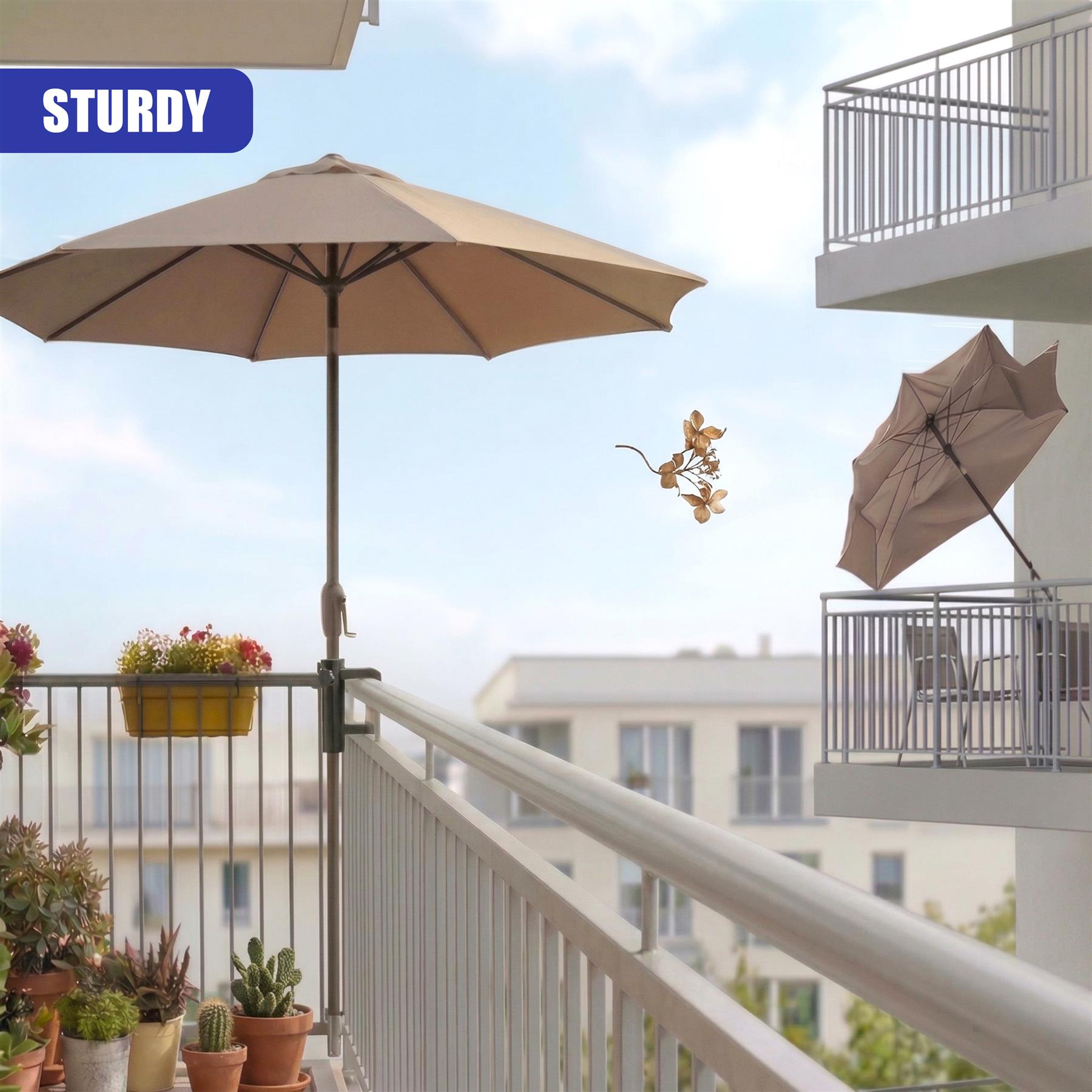 Metal clamps attach two patio parasols to the white balcony railings for outdoor use.