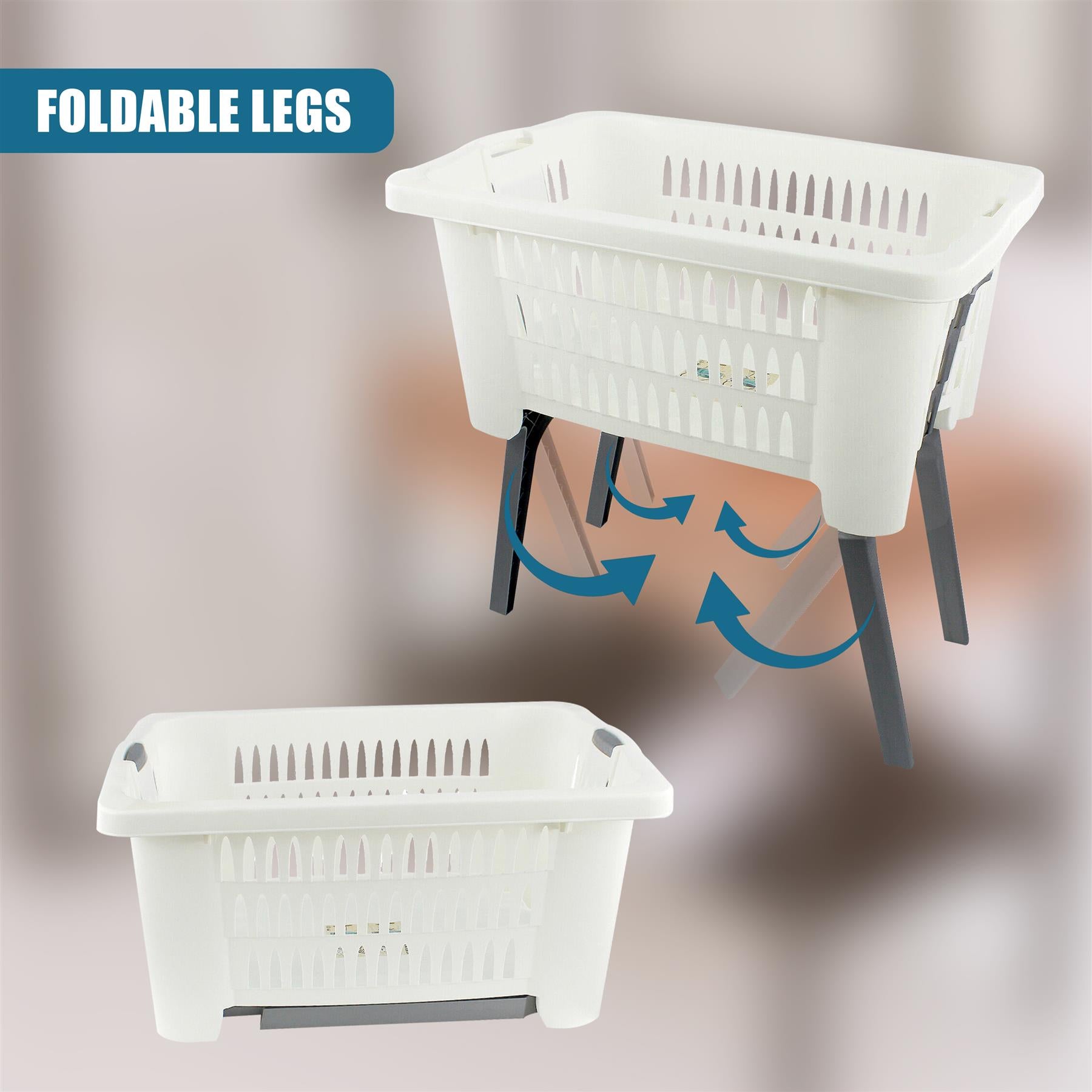 A white plastic laundry basket unit with integrated foldable metal stand and support legs.