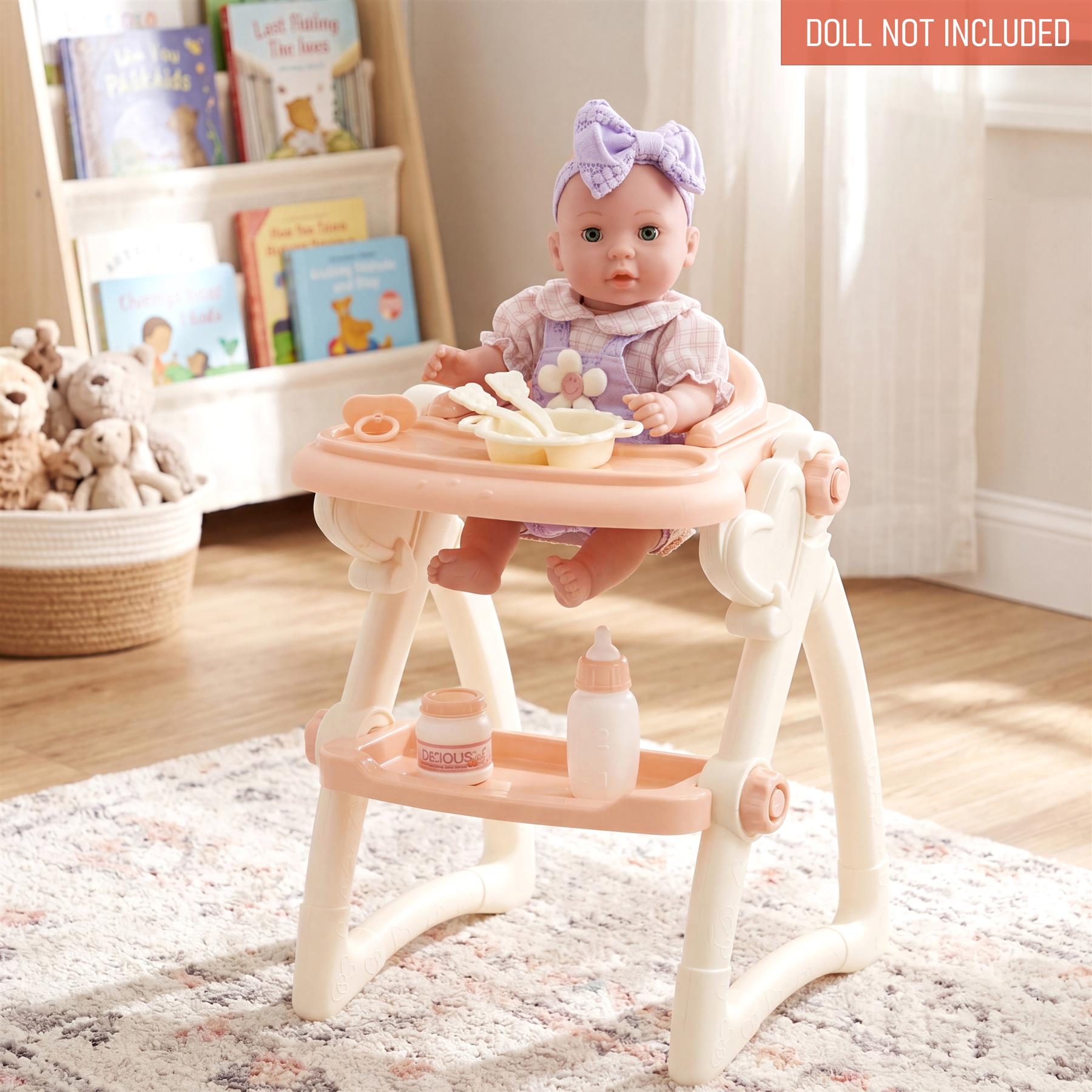 Light pink miniature high chair set featuring a tray, bottle, and bowl for doll play.