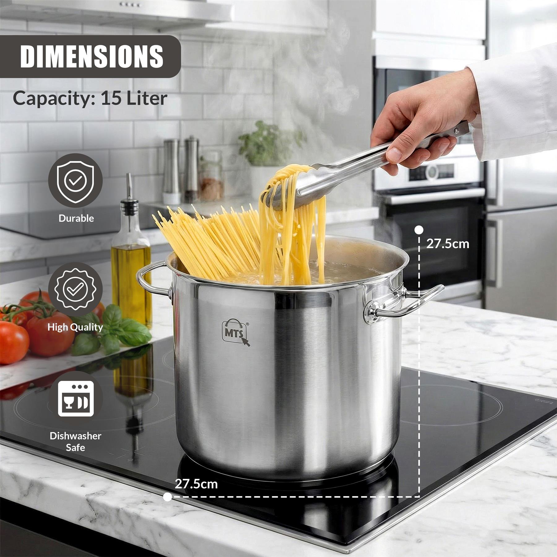 Stainless steel stock pot rests on a stove surface, with spaghetti being removed by a serving spoon.
