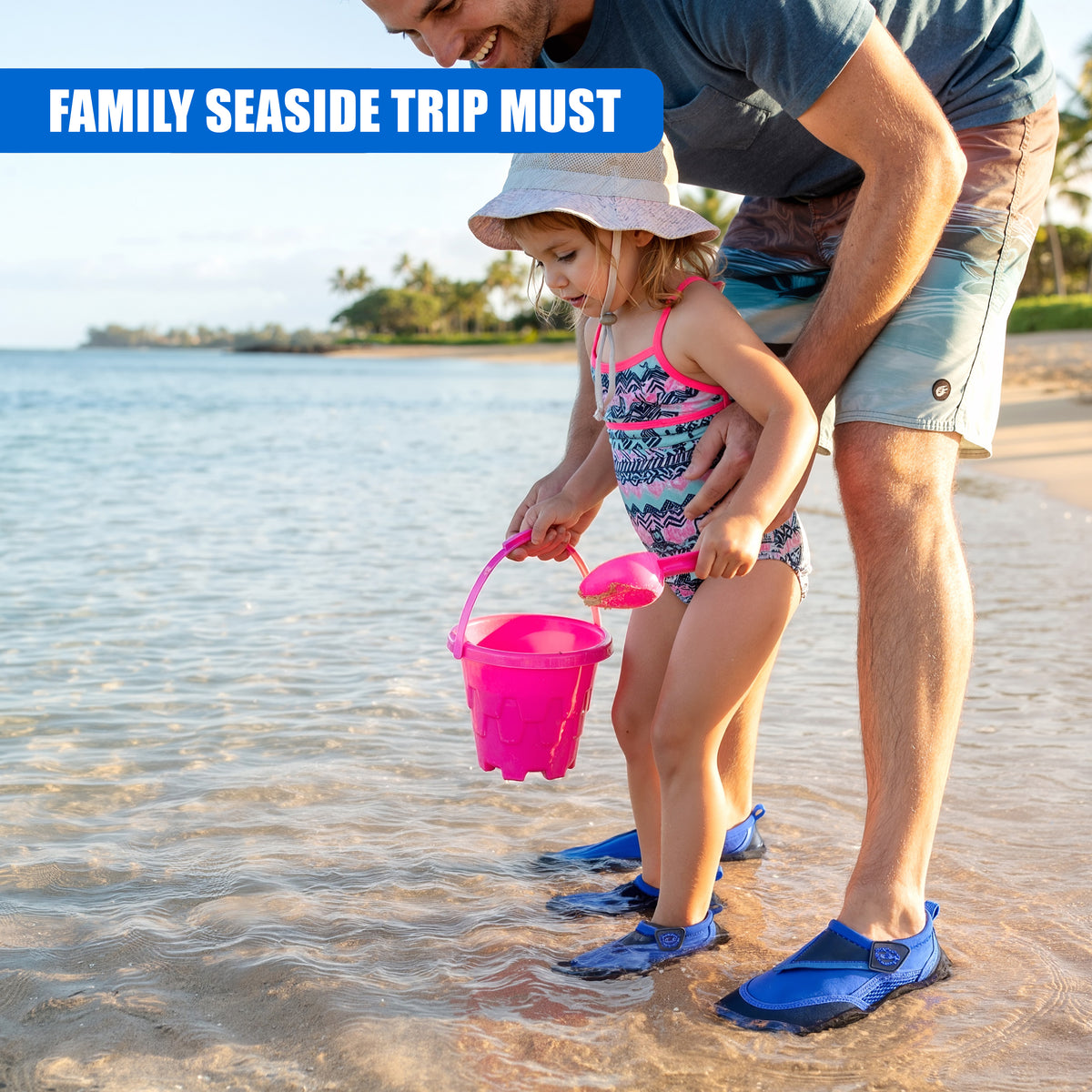 Blue GEEZY aqua shoes protect feet in the sea, with a child and father on a beach