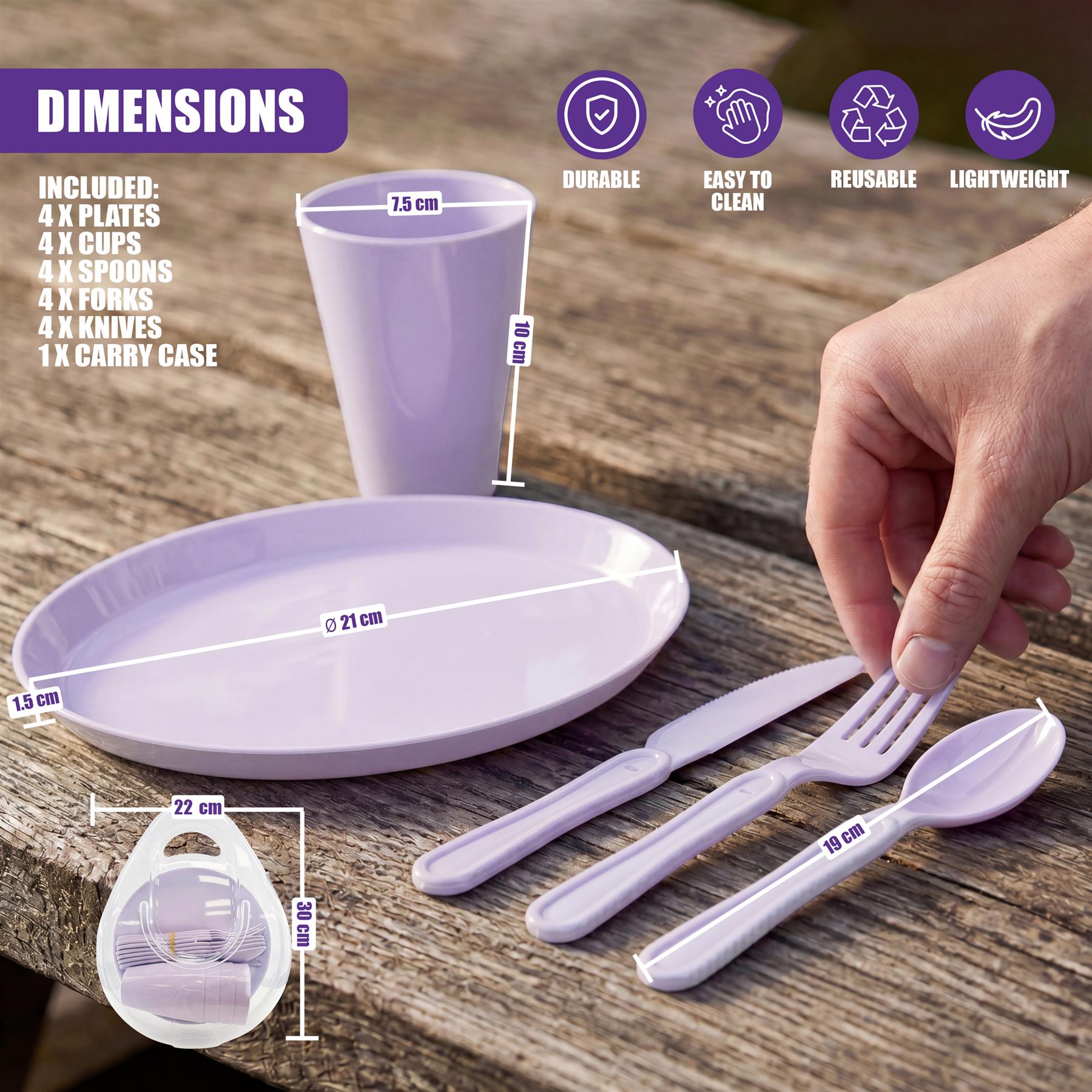 Purple picnic set includes plates, cups, cutlery, and a hexagonal storage case on wood.