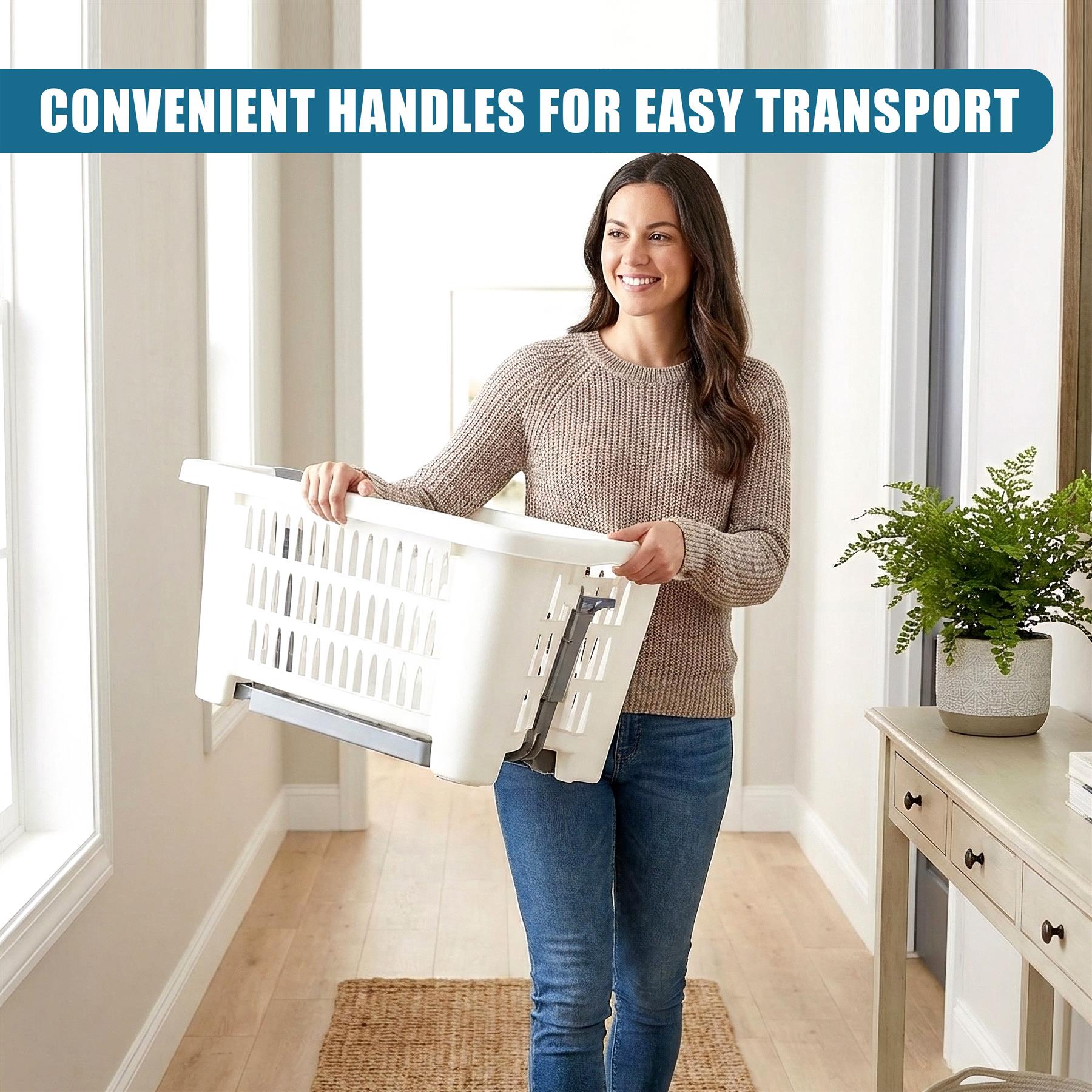 A woman carries a white plastic laundry basket featuring built-in transport handles for portability.