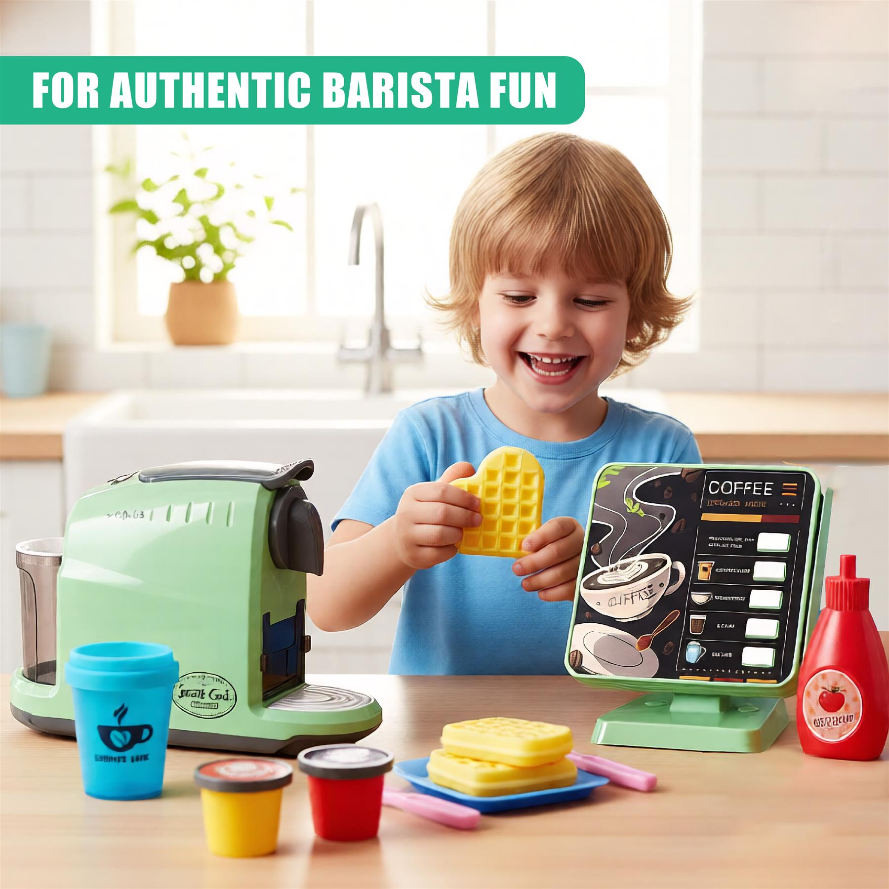A child plays with a toy coffee machine, complete with a miniature coffee pot, cups, and a toy coffee bean container. The machine has a green and white design with a coffee pot and cup on the front. The child is smiling and holding a toy coffee cup. - The Magic Toy Shop