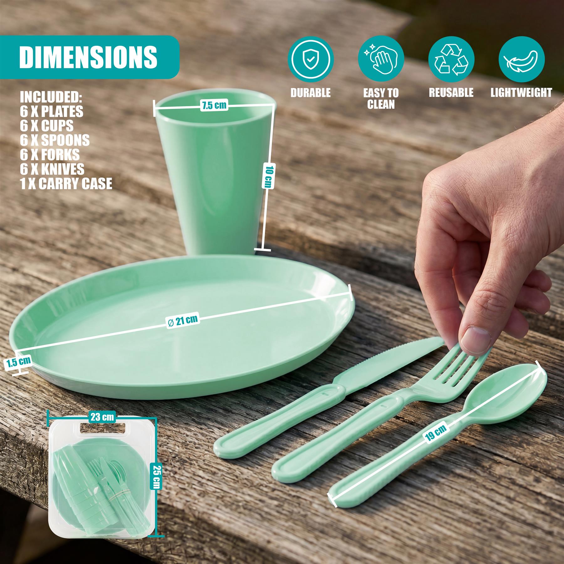 Green picnic set featuring plates, cups, and coordinating utensils arranged on a wooden surface.