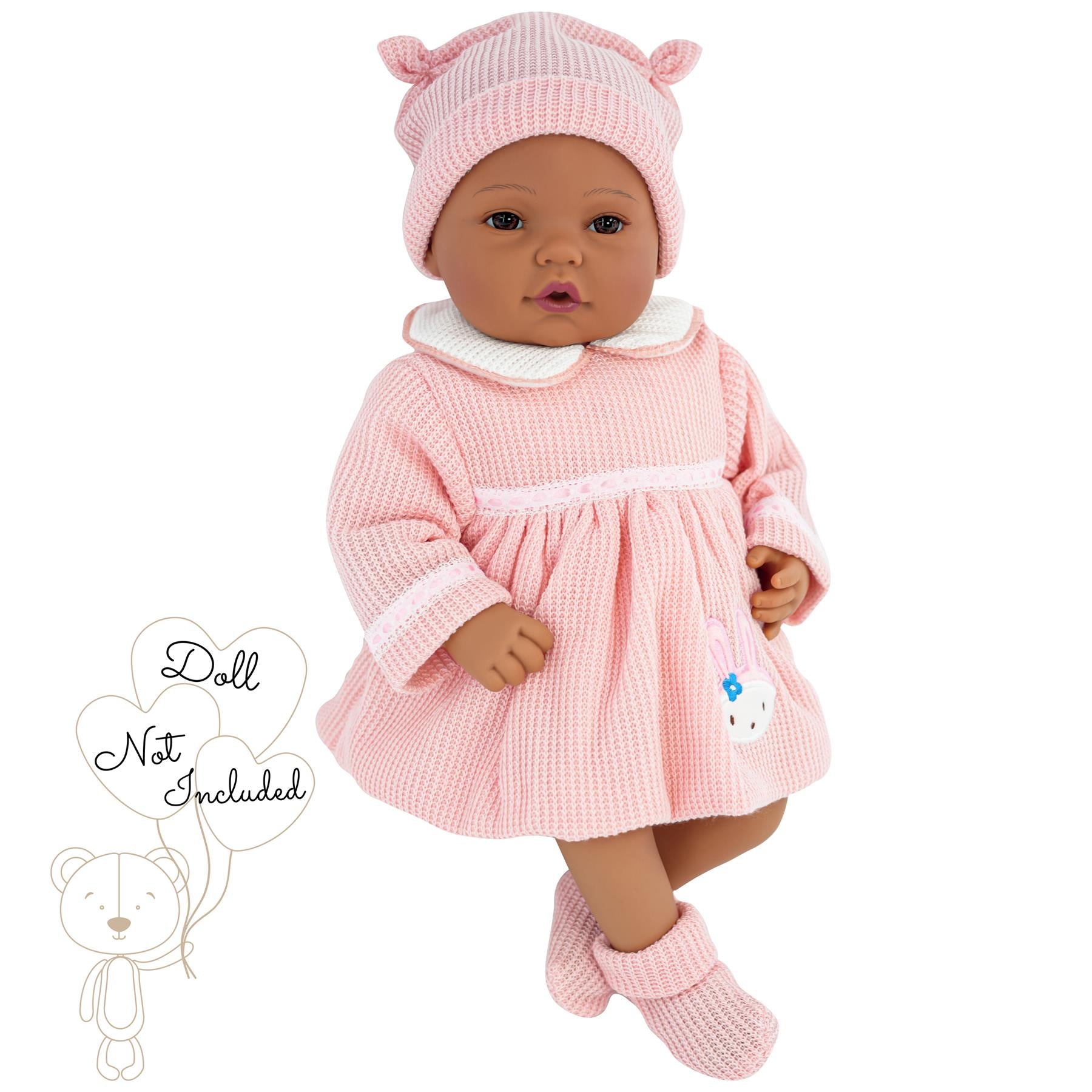 Doll dressed in a knitted pink outfit featuring a bonnet, smock, and matching booties.