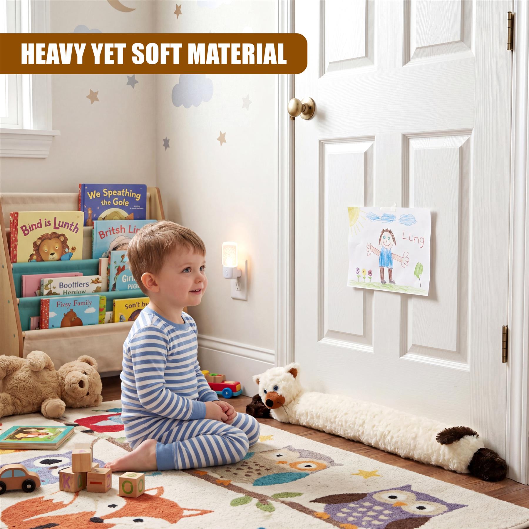 Novelty cream cat draught excluder lies resting against a white paneled door in a child's room.