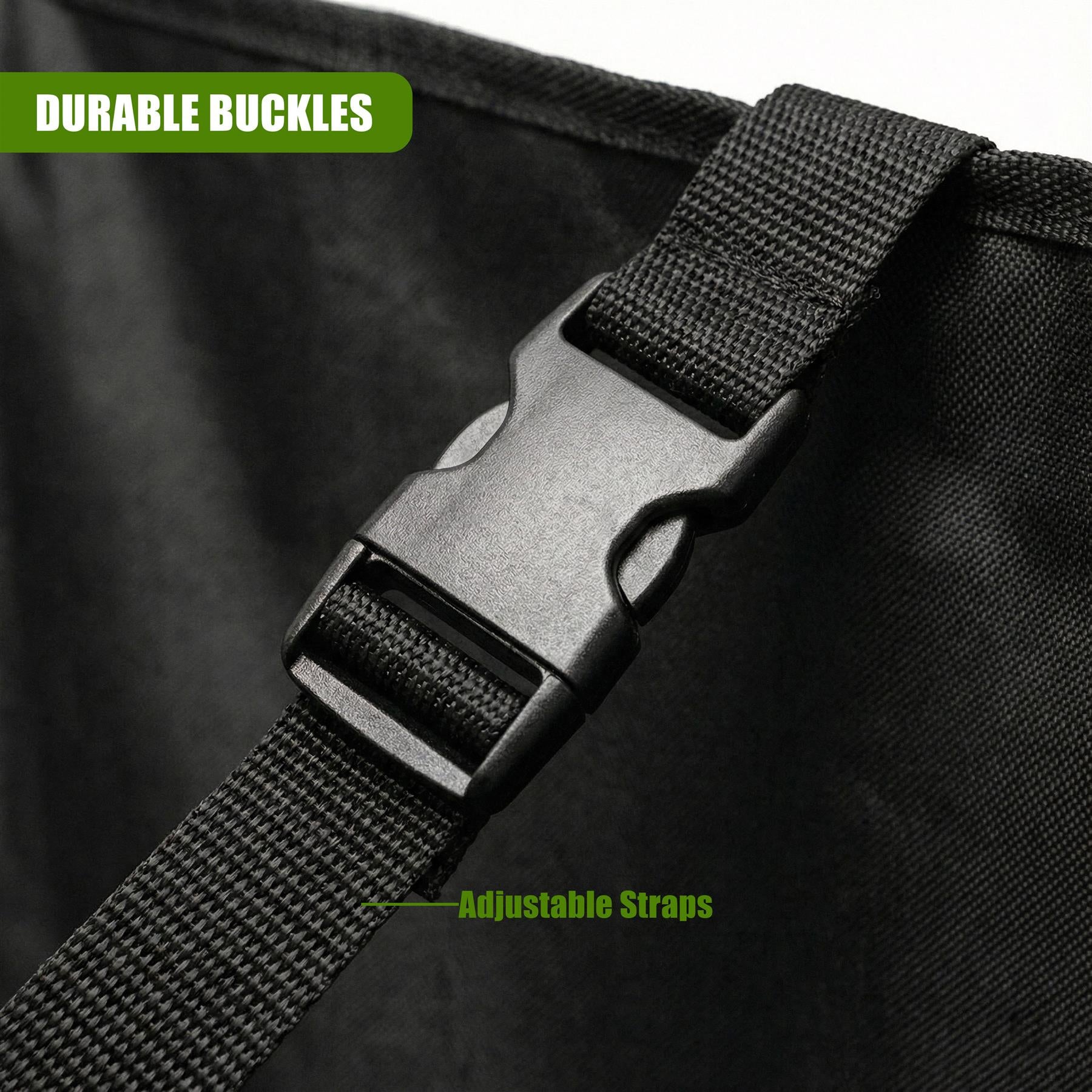 A close-up of a black backpack's buckle, with a focus on its durable metal and nylon strap. The buckle is securely fastened, with a strong and sturdy design. - The Magic Toy Shop
